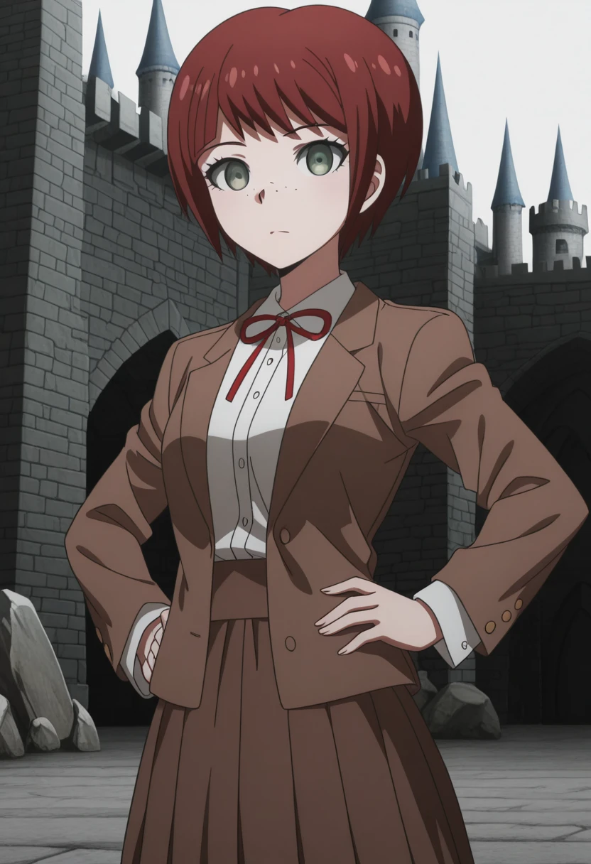 masterpiece, best quality, amazing quality,, <lora:mahiru-koizumi-s2-illustriousxl-lora-nochekaiser:1>, mahiru koizumi, short hair, bangs, green eyes, red hair, freckles, mature female, small breasts, anime screencap, shirt, long sleeves, ribbon, jacket, white shirt, red ribbon, neck ribbon, brown jacket, skirt, brown skirt,, <lora:kung-fu-illustriousxl-lora-nochekaiser:1>, kung fu, martial arts, training, fighting stance, cowboy shot, hand on own hips, castle, stone, towers, medieval, royalty, cowboy shot, solo, looking at viewer,