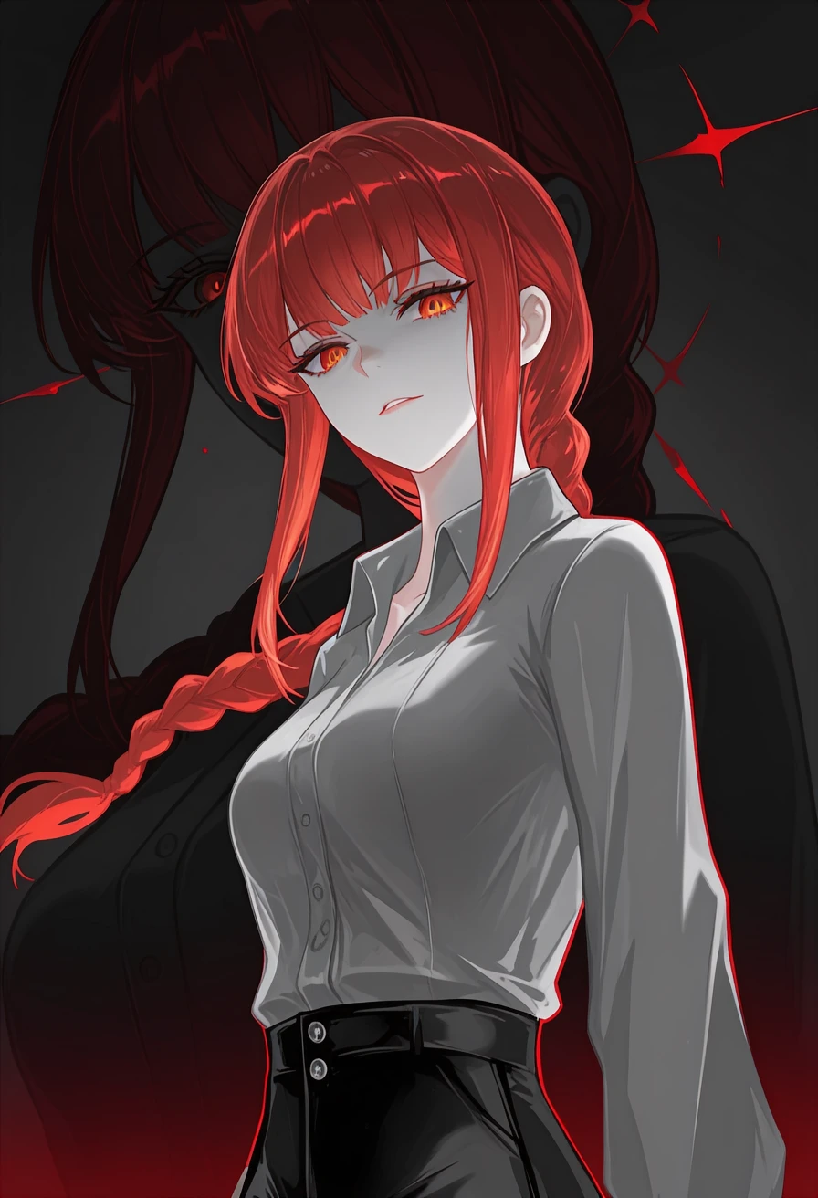 masterpiece, best quality, detailed,limited palette, red outline,1girl, makima, white collared shirt, evil face, detailed eyelashes, dress pants,  red hair, red theme, looking at viewer,gradient background,black theme, (vardan:1,2), (atdan:0.86), (wlop:0.35), (mio shuki:0.6), cinemagraph, shadow, close-up, zoom layer, upper body