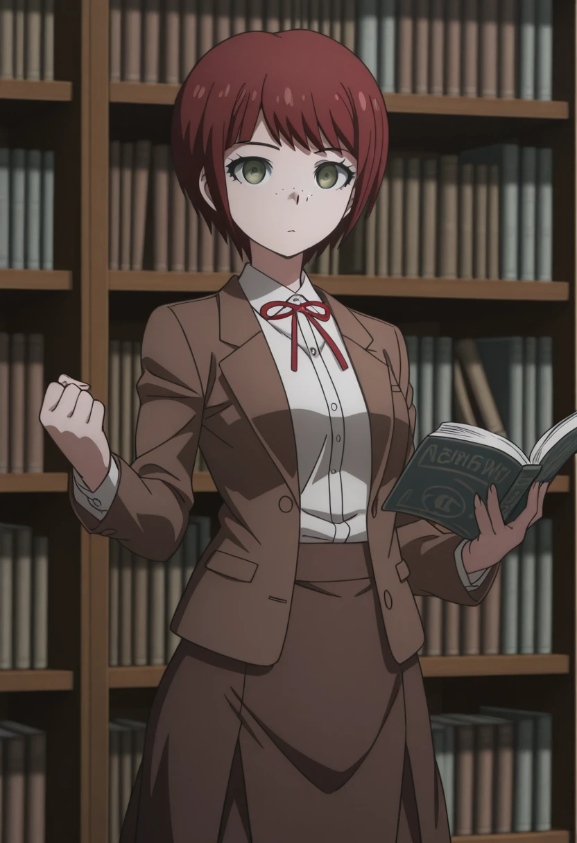 masterpiece, best quality, amazing quality,, <lora:mahiru-koizumi-s2-illustriousxl-lora-nochekaiser:1>, mahiru koizumi, short hair, bangs, green eyes, red hair, freckles, mature female, small breasts, anime screencap, shirt, long sleeves, ribbon, jacket, white shirt, red ribbon, neck ribbon, brown jacket, skirt, brown skirt,, <lora:dynamic-pose-illustriousxl-lora-nochekaiser:1>, dynamic pose, fighting stance, cowboy shot, library, books, shelves, reading, quiet, cowboy shot, solo, looking at viewer,