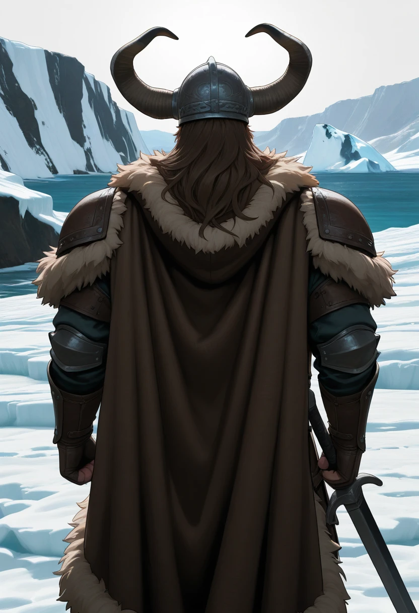 lazypos, 1boy, standing, from behind, holding sword, iceberg, 
BREAK stoickthevast, mature male, plump, brown hair, long hair,
BREAK horned helmet, fur cloak, brown cloak, leather armor, round pauldrons,
<lora:Stoick_the_Vast_from_How_to_Train_Your_Dragon_(2025)_v0.1_2075205:1>