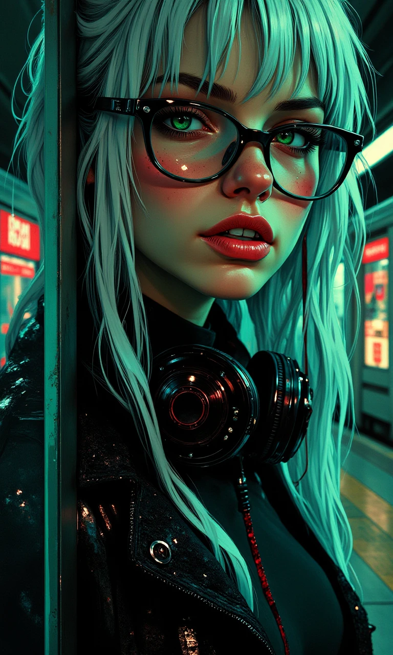 LookDaal,
semi-realistic portrait painting, intimate close-up portrait, adult cyberpunk woman, green eyes, narrowed, focused eyes, arched brows, soft freckles across nose and cheeks, glossy lips, gentle highlight, white-platinum hair, long wavy hair cascading back, curious, engaged look, eyes gently averted, off-camera, one hand on railing, body turned three-quarters, moody, directional key with gentle falloff, subway platform with beverage vending machines, black dress, simple silhouette, over-ear headphones, adjusting glasses mid-thought, cool teal shadows with warm highlights, avoid heavy chromatic noise on skin