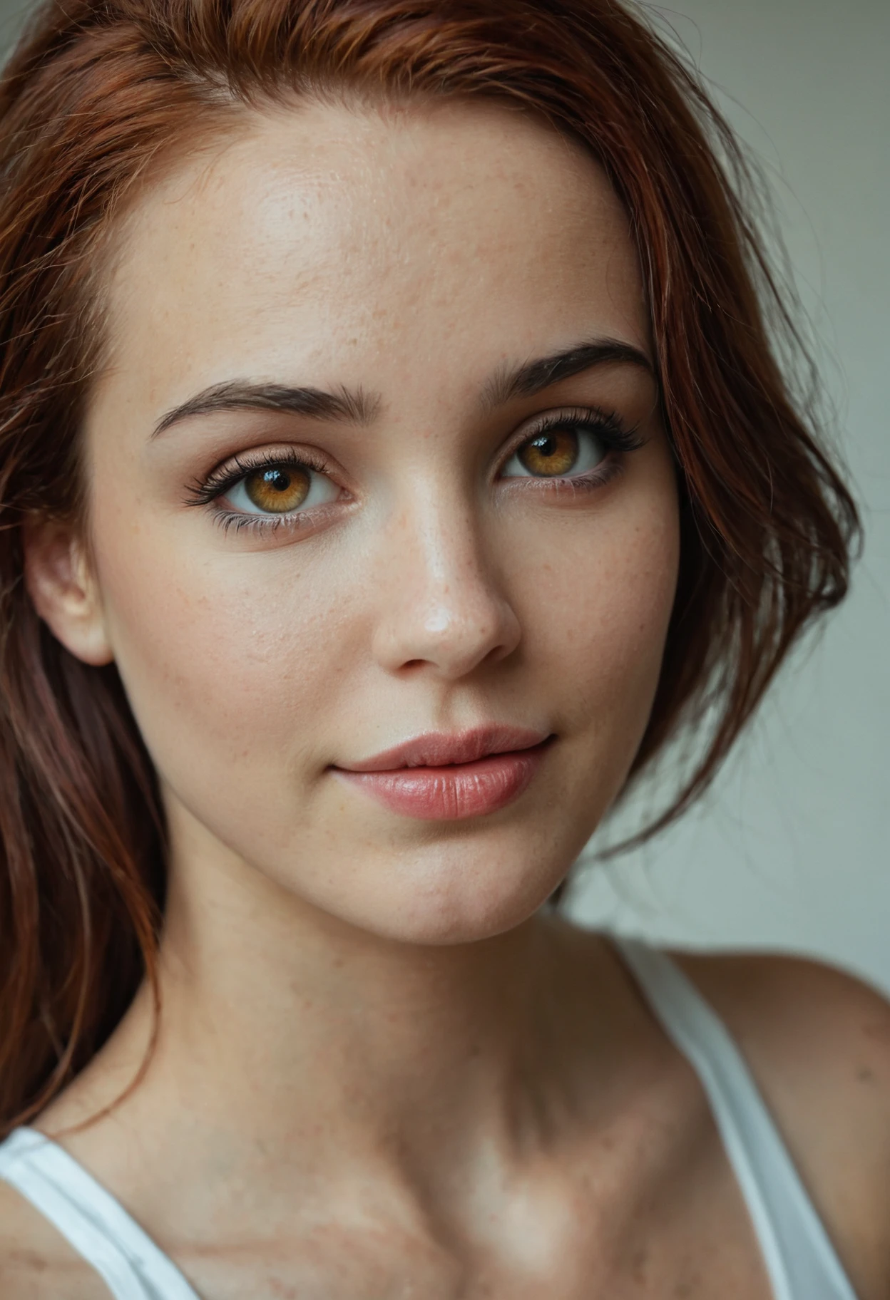 1girl, depth of field, highly detailed, high contrast, film grain, Rim Lighting, 32k, absurdres, sharp, detailed face, highly detailed, detailed hair, designed by Simon Bisley, close up of a hyper detailed, Noble flyweight (seductive girl, beautiful girl, perfect girl, auburn hair, hazel eyes:1.3) , in multicoloured tank top, Bathed in shadows, Fine art, Brocore, F/1.8, perfect eyes, soft smile, confident, dynamic, dynamic background, luxury, beautiful detailed supreme quality color intricate, radiant CyberRealisticPony_POSV1