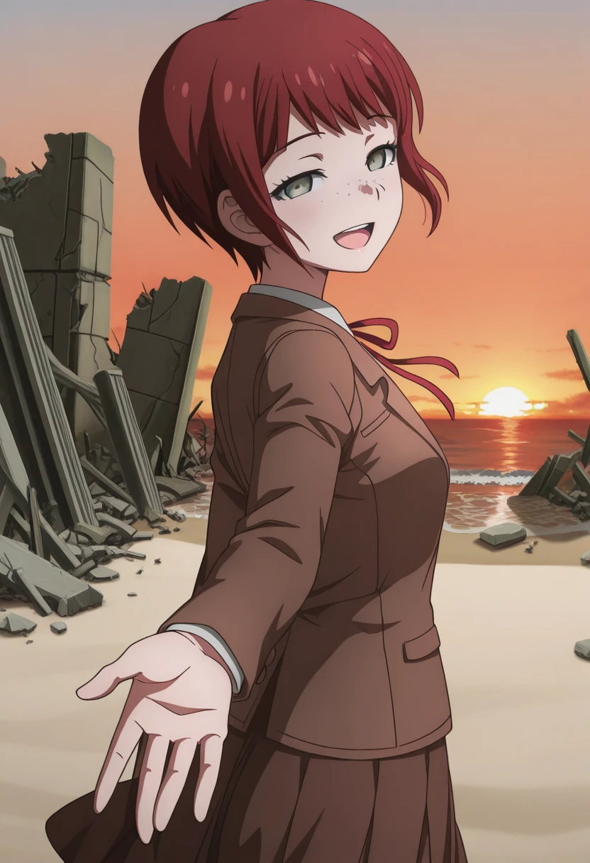 masterpiece, best quality, amazing quality,, <lora:mahiru-koizumi-s2-illustriousxl-lora-nochekaiser:1>, mahiru koizumi, short hair, bangs, green eyes, red hair, freckles, mature female, small breasts, anime screencap, shirt, long sleeves, ribbon, jacket, white shirt, red ribbon, neck ribbon, brown jacket, skirt, brown skirt,, <lora:looking-back-reaching-towards-viewer-illustriousxl-lora-nochekaiser:1>, looking back reaching towards viewer, looking at viewer, smile, looking back, open mouth, reaching towards viewer, beach, half-closed eyes, cowboy shot, sunset, ruins, old, stone, history, fallen, cowboy shot, solo, looking at viewer,