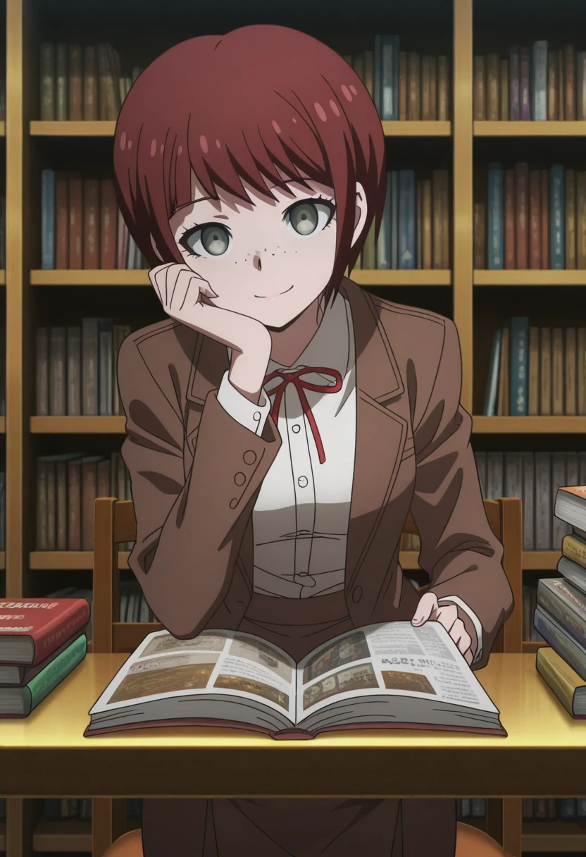 masterpiece, best quality, amazing quality,, <lora:mahiru-koizumi-s2-illustriousxl-lora-nochekaiser:1>, mahiru koizumi, short hair, bangs, green eyes, red hair, freckles, mature female, small breasts, anime screencap, shirt, long sleeves, ribbon, jacket, white shirt, red ribbon, neck ribbon, brown jacket, skirt, brown skirt,, head rest, smile,, bookstore, books, shelves, reading, quiet, cowboy shot, solo, looking at viewer,