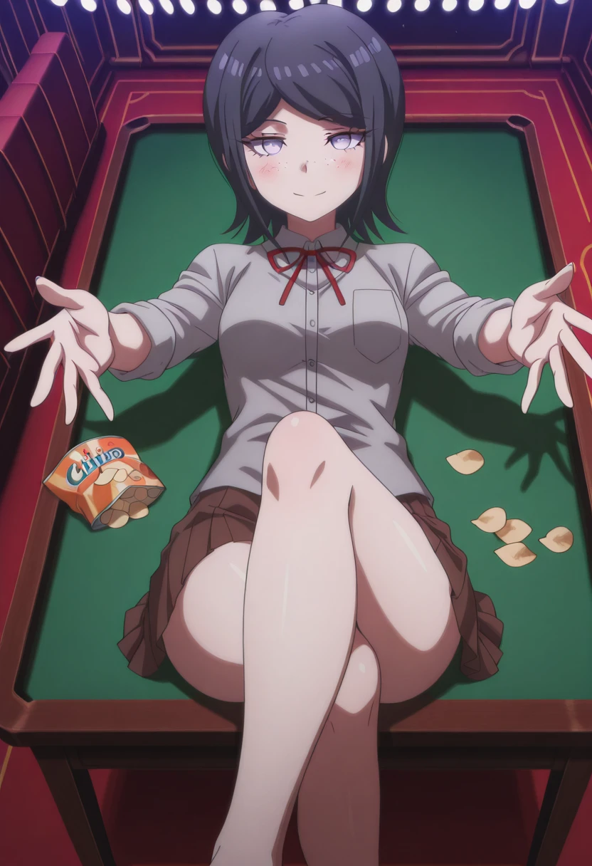 masterpiece, best quality, amazing quality,, <lora:mukuro-ikusaba-s2-illustriousxl-lora-nochekaiser:1>, mukuro ikusaba, short hair, bangs, black hair, freckles, purple eyes, mature female, small breasts, anime screencap, skirt, shirt, ribbon, white shirt, pleated skirt, collared shirt, red ribbon, neck ribbon, grey shirt, sleeves rolled up, brown skirt,, <lora:crossed-legs-reaching-towards-viewer-illustriousxl-lora-nochekaiser:1>, crossed legs reaching towards viewer, solo, looking at viewer, blush, smile, closed mouth, sitting, lying, indoors, on back, crossed legs, outstretched arms, on table, on desk,, casino, games, lights, chips, luck, cowboy shot, solo, looking at viewer,