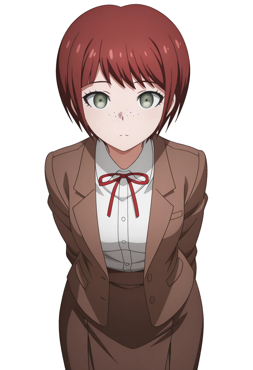 masterpiece, best quality, amazing quality,, <lora:mahiru-koizumi-s2-illustriousxl-lora-nochekaiser:1>, mahiru koizumi, short hair, bangs, green eyes, red hair, freckles, mature female, small breasts, anime screencap, shirt, long sleeves, ribbon, jacket, white shirt, red ribbon, neck ribbon, brown jacket, skirt, brown skirt,, hands behind back, bent over,, ferris wheel, lights, high, view, rotating, cowboy shot, solo, looking at viewer, <lora:transparent-background-illustriousxl-lora-nochekaiser:1>, transparent background, simple background, white background