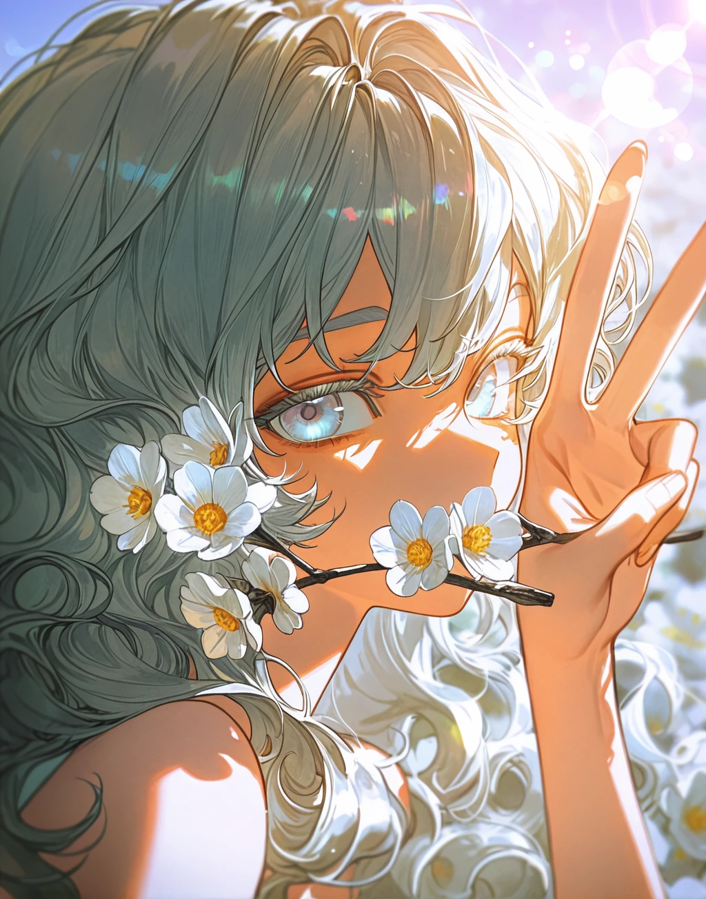 (artist:pigeon666:0.67),(dino_(dinoartforame):0.5),(quasarcake:0.4), dappled sunlight, close-up, 1girl, upper body, solo, looking at viewer, light blue eyes, detailed eyes, surrounded by flowers, white flowers, bokeh, light particles, v over eyes,(lens flare:1.5), (blurry foregound:1.3), from side, cleavages,  shoulders, wavy hair long hair, curly hair,soft lighting.