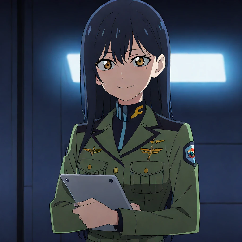 volumetric lighting, official style, amazing quality, ultra detailed, highres, detailed background, anime screenshot, anime screencap, anime coloring, masterpiece, detailed face,1girl <lora:Comoli_Harcourt__:0.4>, uniform, military, military uniform, mole under eye, mole, tablet pc, solo, green jacket, science fiction, holding,smile <<lora:merrow_xl_v1:1>>