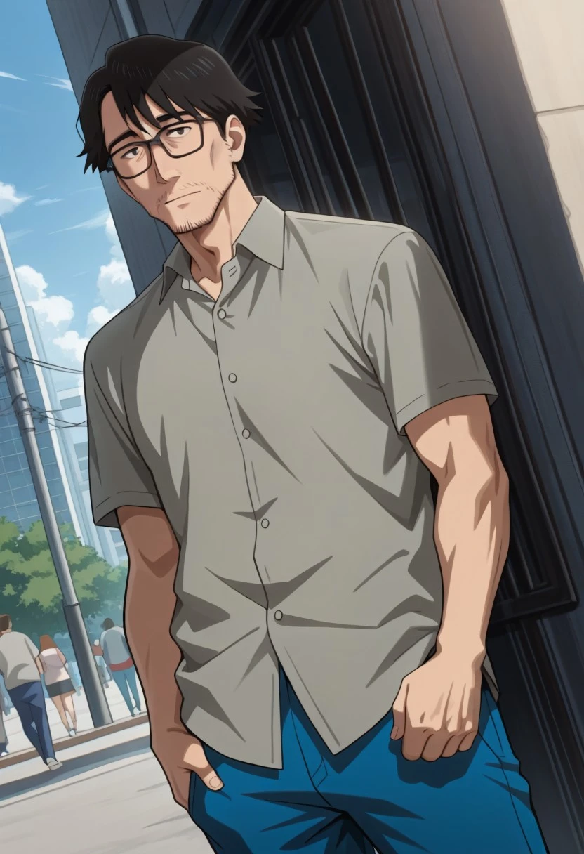 perfect anatomy, perfect proportions, best quality, masterpiece, high_resolution, high quality, best aesthetic, incredibly absurdres, highres, extremely detailed, huge filesize, solo male, adult, mature, masculine, manly, handsome, charming, alluring, standing, upper body, dutch angle, cowboy shot, perfect face, source_anime\(Dead Dead Demon's Dededede Destruction\), anime coloring \(Dead Dead Demon's Dededede Destruction\), Nobuo Koyama\(Dead Dead Demon's Dededede Destruction\), DDDDNobuo, black hair, short hair, neat hair, neat facial hair, stubble, glasses, DDDDNobuo_outfit03, DDDDNobuo_pre_timeskip, grey casual shirt, collared shirt, short sleeves, untucked shirt, blue pants, outdoor, citysxape, destructed city