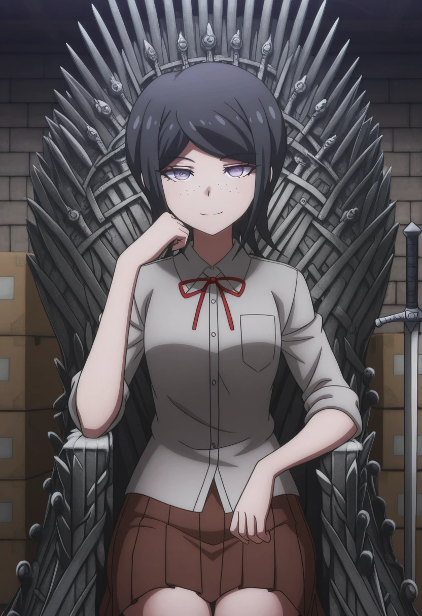 masterpiece, best quality, amazing quality,, <lora:mukuro-ikusaba-s2-illustriousxl-lora-nochekaiser:1>, mukuro ikusaba, short hair, bangs, black hair, freckles, purple eyes, mature female, small breasts, anime screencap, skirt, shirt, ribbon, white shirt, pleated skirt, collared shirt, red ribbon, neck ribbon, grey shirt, sleeves rolled up, brown skirt,, <lora:iron-throne-illustriousxl-lora-nochekaiser:1>, iron throne, sitting, looking at viewer, sword, throne, sitting on throne, smile, elbow rest, storage room, shelves, boxes, clutter, supplies, cowboy shot, solo, looking at viewer,