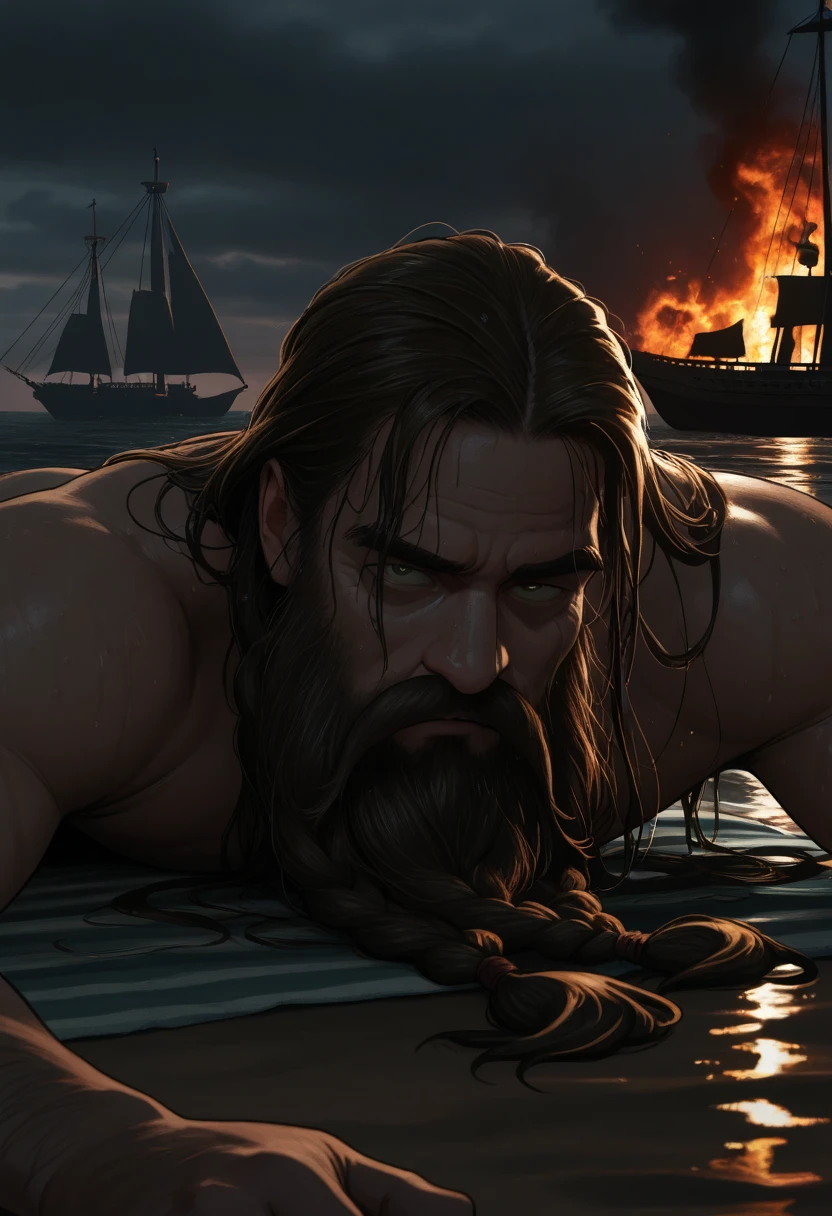 lazypos, 1boy, anime screenshot, male focus, close-up, completely nude, wet hair, on stomach, getting up, sad, darkness, looking at viewer, angry, 
BREAK stoickthevast, old man, brown hair, long hair, thick eyebrows, beard, long beard, braided beard, thick mustache, plump, on beach, burning, ship,
<lora:Stoick_the_Vast_from_How_to_Train_Your_Dragon_(2025)_v0.1_2075205:1>