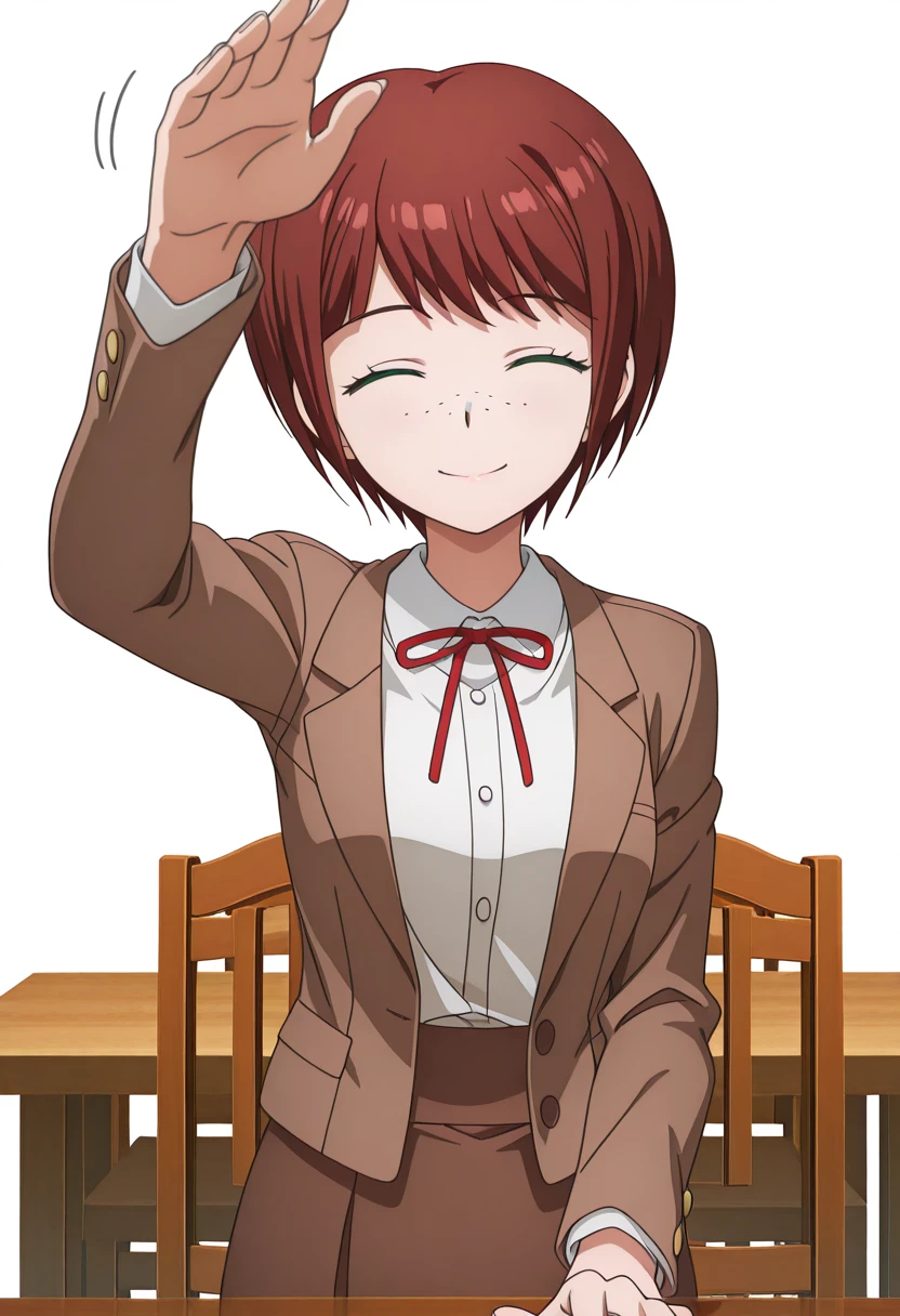 masterpiece, best quality, amazing quality,, <lora:mahiru-koizumi-s2-illustriousxl-lora-nochekaiser:1>, mahiru koizumi, short hair, bangs, green eyes, red hair, freckles, mature female, small breasts, anime screencap, shirt, long sleeves, ribbon, jacket, white shirt, red ribbon, neck ribbon, brown jacket, skirt, brown skirt,, <lora:incoming-headpat-illustriousxl-lora-nochekaiser:1>, incoming headpat, headpat, pov, outstretched arm, reaching, reaching towards viewer, looking at viewer, closed eyes, smile, upper body, cafe, coffee, table, chairs, casual, cowboy shot, solo, looking at viewer, <lora:transparent-background-illustriousxl-lora-nochekaiser:1>, transparent background, simple background, white background