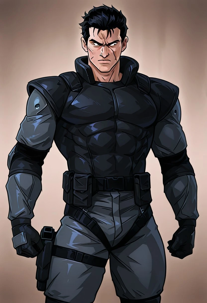 masterpiece, detailed art style, realistic art style,
,1 man, pecs, BMGon,black hair, black eyes, short hair, scar on cheek,scars on face, muscle guy,  
, detailled art style, Mg1snk, hair slicked back, gray bandana, dark grey tactical sneaking suit, black tactical vest,shoulder pads, black tactical gloves,elbow pads, high holster,modular harness , kneepads, gun, black combat boots,