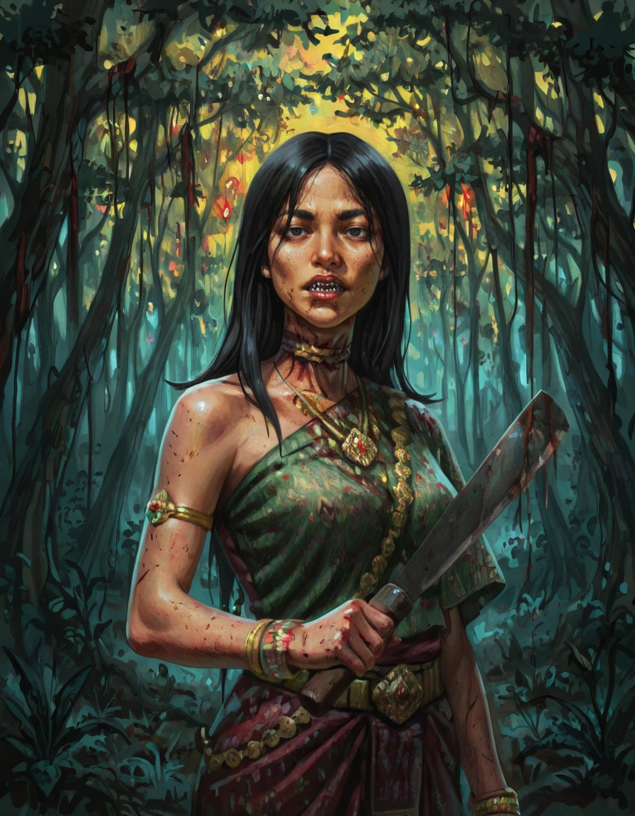 1girl, solo, asian, jewelry, nature, black hair, bracelet, blood, long hair, weapon, necklace, knife, armlet, tree, holding, holding weapon, lips, bloody neck, deep wound neck, gore, deep cut neck, machete, krasue<lora:The_Krasue_-_Burong_Sukapat_Dead_by_DaylightIIIustrious:1> horror, sharp teeth <lora:multfx-colorsplash:0.8> multfx, colored shading, colorful shading,