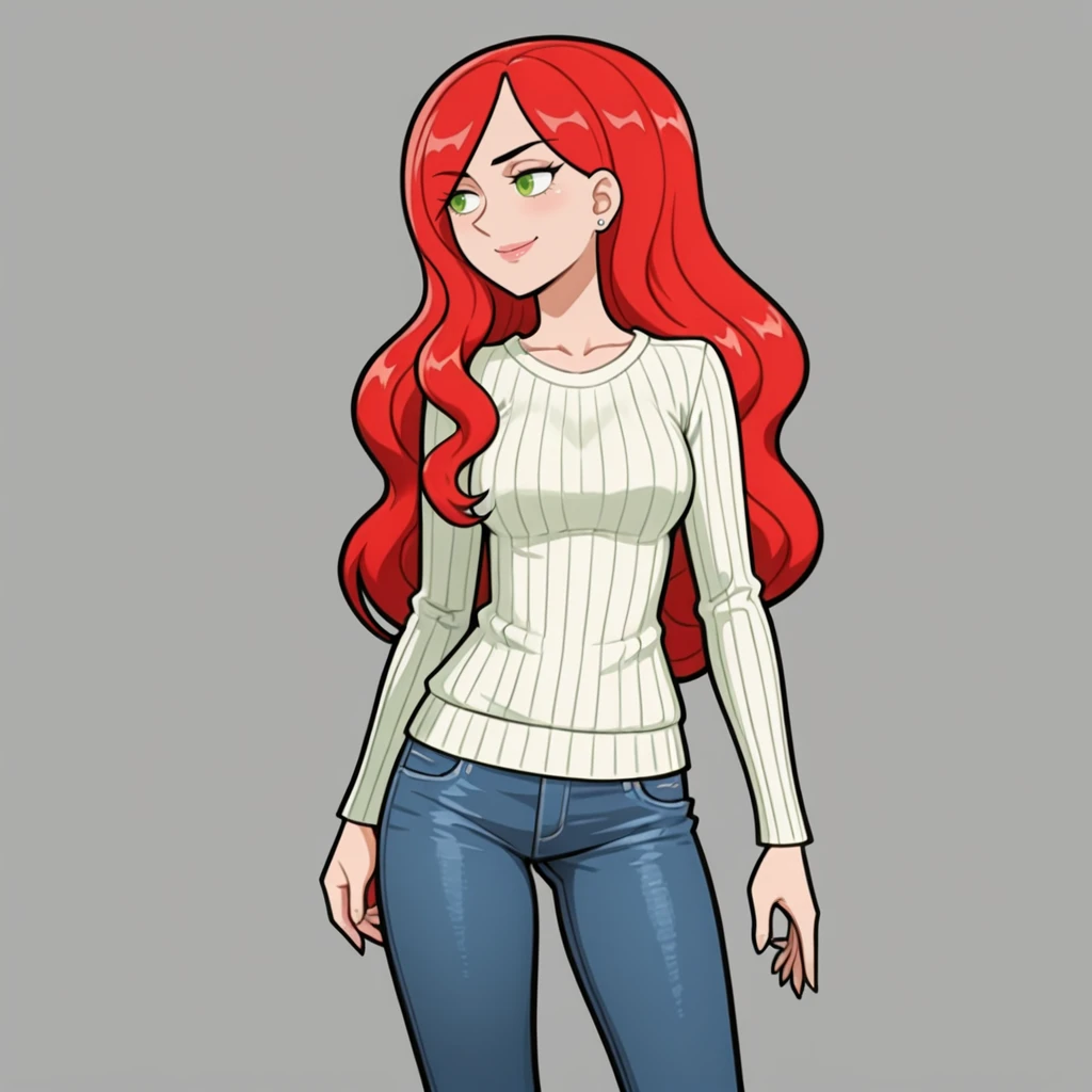 <lora:ColetteLost_illustrious_v1:1> ColetteBevier, 1girl, green eyes, red hair, long hair, cowboy shot, sweater, jeans