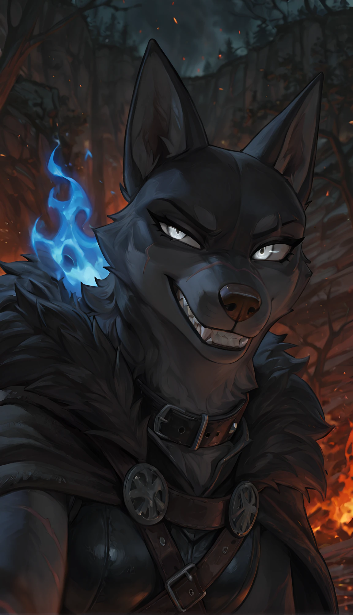 masterpiece, best quality, absurdres, ultra-detailed, 4k, high resolution, depth of field, volumetric lighting, dramatic shading, glowing embers,
1girl, furry, anthro, (female:1.2), wolfdog, canine, canid, B4mi_Und3rdog, solo, portrait, upper body, close-up, foreshortening, dutch angle,
fluffy fur, scar on muzzle, silver eyes, uneven eyes, very large eyes, upturned eyes, intimidating, smirk, smug, grin, crazy smile, sharp teeth, long snout, thin eyebrows, pointy ears, brown nose,
black collar with white spikes, elegant outfit, tattered leather cloak, fur-trimmed mantle, reinforced hunter belt, claw-marked straps, rugged gear, wild aesthetic,
(detailed burning forest background:1.3), (blue fire:1.3), red fire, scorched trees, collapsing granite cliffs, falling embers, glowing ash, smoke haze, fire particles, hellish glow,
dark ambient, fiery lighting, protective aura, resilient