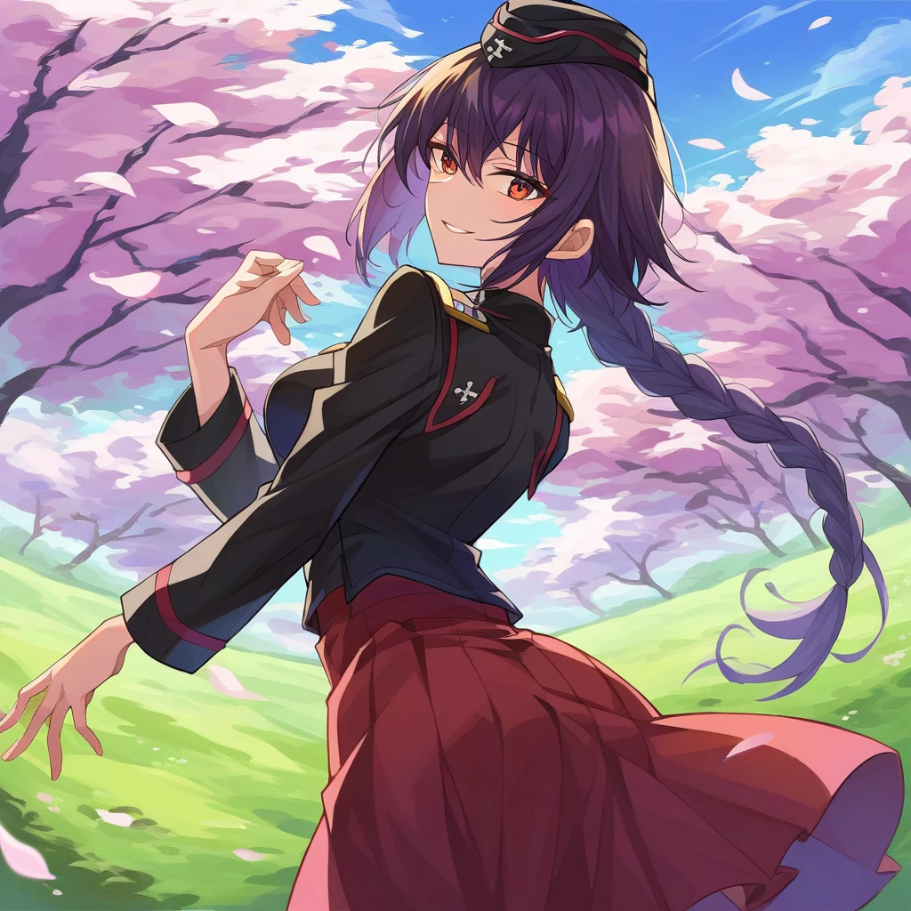 score_9,score_8_up,score_7_up,source_anime,outdoors,cherry blossoms,standing,cowboy shot,smile,flower field,(merrow),Hair between the eyes,Mole under left eye,beautiful girl,skinny,braid,looking at viewer,
<lora:GUPMaho:0.65>,BBMiho,1girl,nishizumi maho,(kuromorimine military uniform,military hat,red shirt,black headwear,black jacket,long sleeves,garrison cap,dress shirt,insignia,wing collar,red skirt),<lora:merrow_pony_v1:1>,(looking back, turning head, over shoulder),