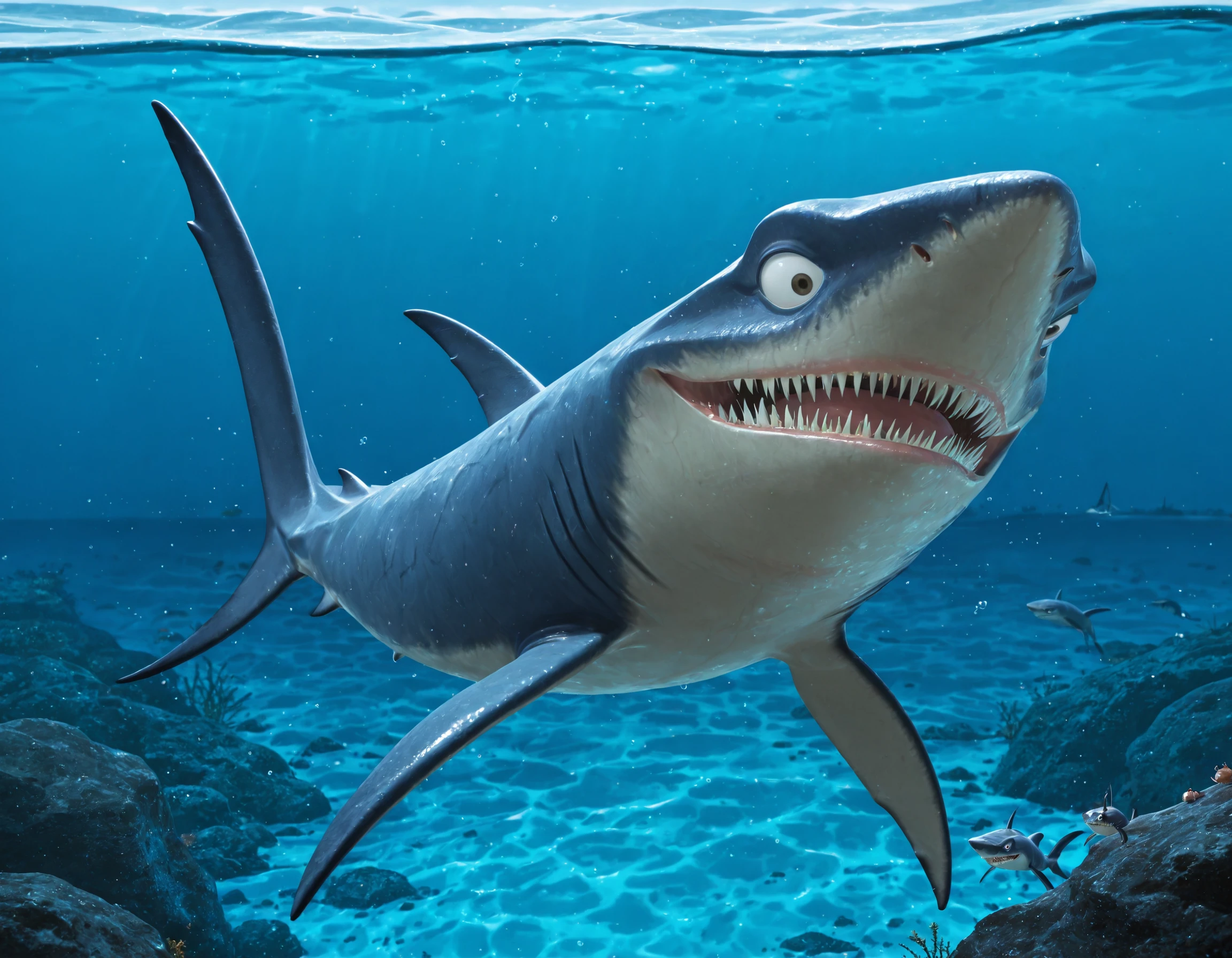 masterpiece, best quality, amazing quality, very aesthetic, high resolution, ultra-detailed, male, males only, male focus,, chum, mako shark , Ocean, under water, looking at viewer, happy,