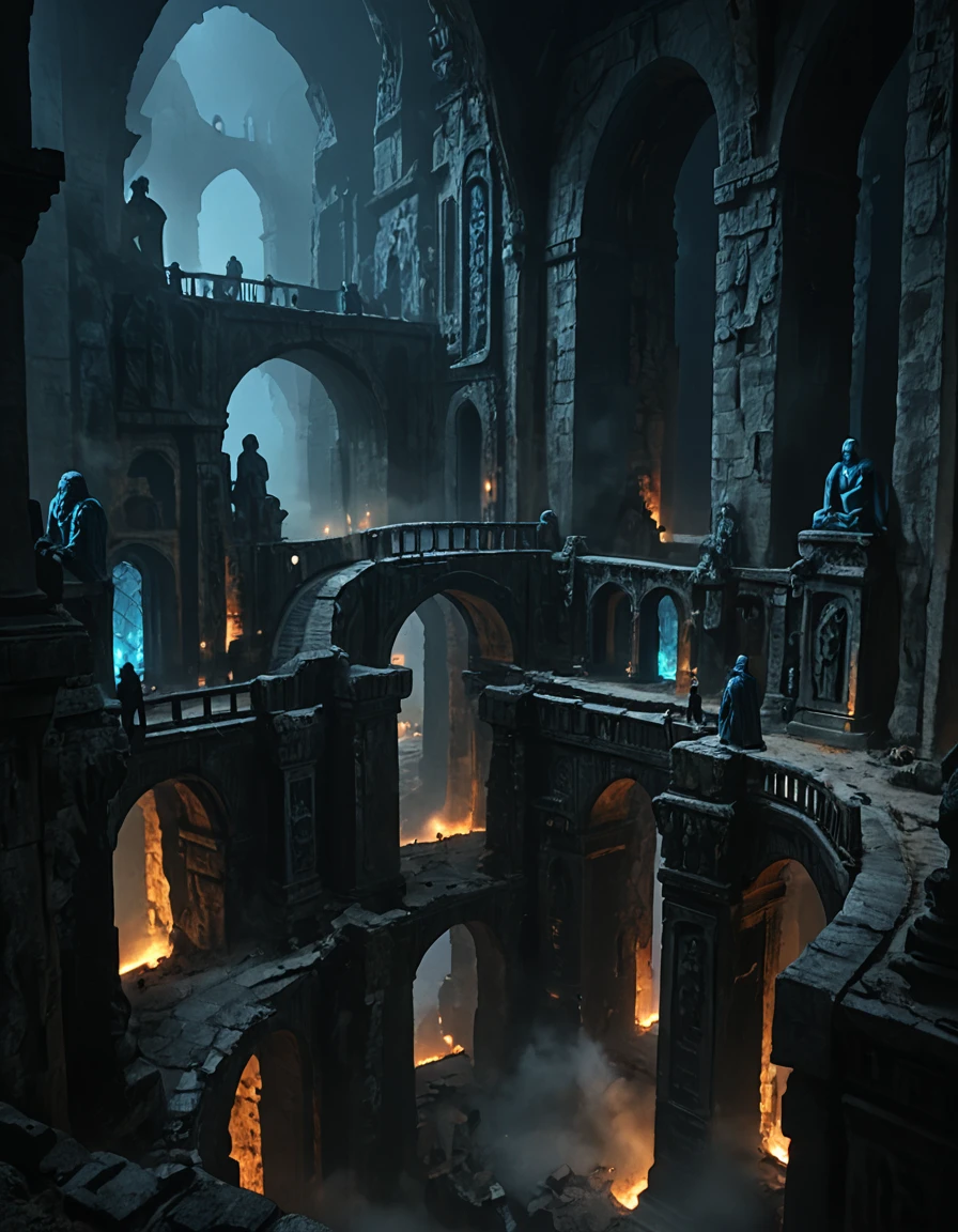 <lora:MW_Dwarven_p1_pony:1> MWD01D, masterpiece, absurdres, 8k, insanely detailed, sharp focus, pitch black, very dark, in a huge dark underground carvern, old bridges over an endless foggy precipice, carved rocky walls and cracked rocky stone columns, blue fire faint torches, above the shoulder view, worn dusty statue silhouette of an old dwarf warrior on the side, ancient carved dwarven architecture, dusty, lost forgotten ambiance, shadows in the dark, lots of mist, multi levels,