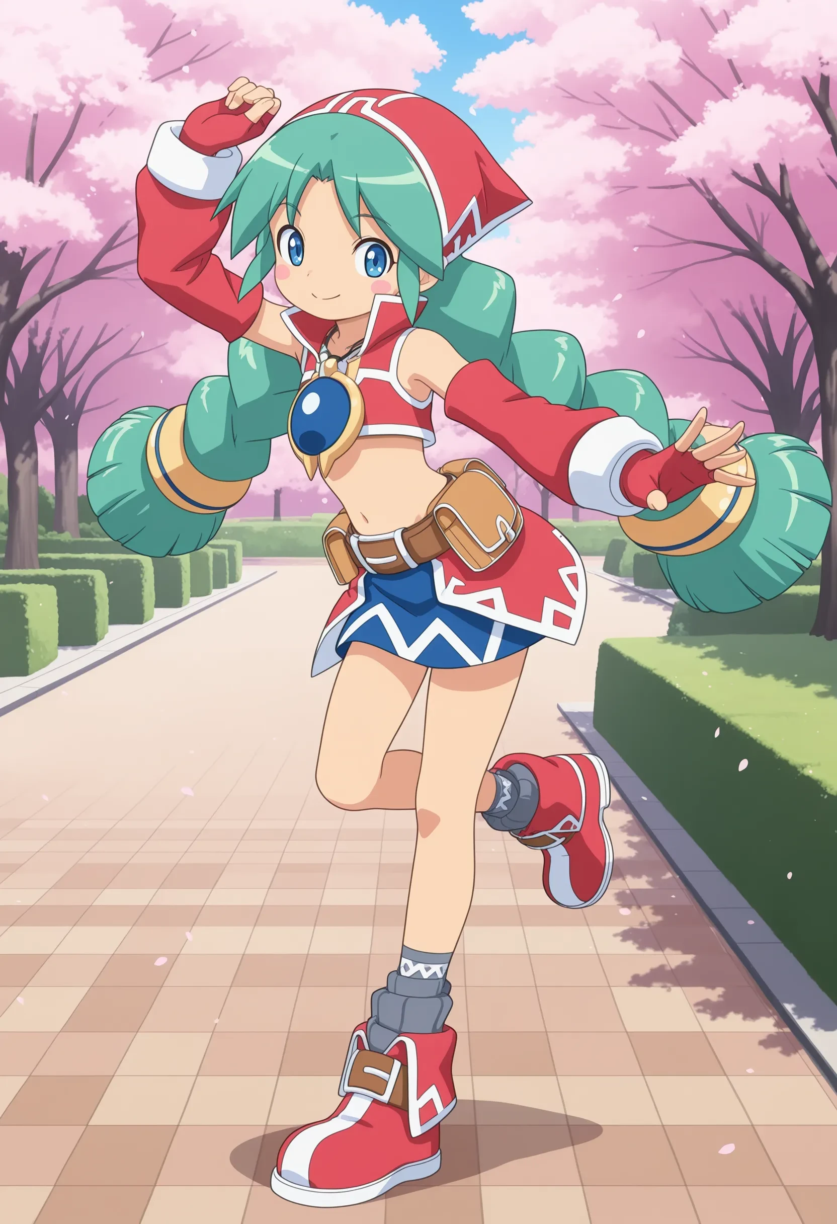 1girl, tenerezza, green hair, twin braids, low-tied long hair, blue eyes, blush stickers, red headdress, necklace, red crop top, detached sleeves, red elbow gloves, fingerless gloves, midriff, belt pouch, blue miniskirt, grey socks, red boots,
full body, dancing, dynamic pose, happy, outdoors, park, sakura,
masterpiece, best quality, ultra-detailed, very aesthetic, illustration, perfect composition, intricate details, absurdres, official art, official style, source anime, anime screencap, anime coloring, newest, intricate, hires textures, high detail, 4k, incredibly detailed, perfect , UHD, 8K,
| <lora:tenerezza_XL(ill01)v10d:1>