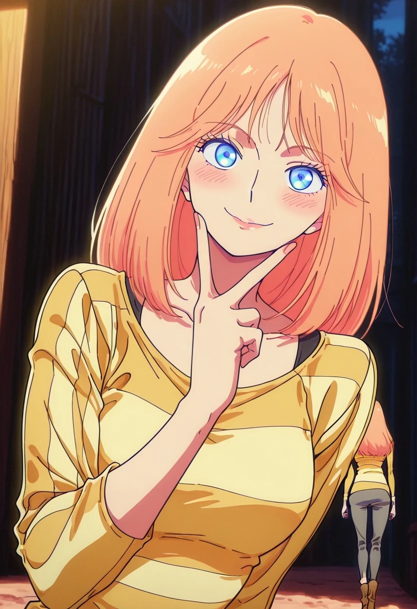 FlareMS, 1girl, solo, pale orange hair, long hair, bangs, pale blue eyes, lips, large breasts, thick thighs, collarbone, yellow striped shirt, grey pants, boots,
masterpiece, best quality, fine details, intricate details, depth of field, subsurface scattering, bokeh, ultra-detailed, very aesthetic, detailed background, newest, scenery, highres, absurdres, colorful, vibrant, glowing, perfect face, 2d, perfect eyes, vibrant saturated colors, volumetric lighting, sharp, detailed eyes, perfect anatomy, perfect face, perfect eyes, mature body, clear eyes, beautiful eyes, athletic, curvy body, athletic girl, perky tits, perfect tits, round breasts, pinup pose, teasing, lustful expression, perfect hands,
muscular female, dutch angle, dynamic pose,
unique pose, girl focus, posing,cover page, foreshortening, expressive cute face, blushing, cute, kawaii, straight-on, walking towards viewer, upper body, head tilt, v, mascara, makeup
,Smooth Negative, Smooth_Quality,
dark_fantasy_style, dark fantasy, retro,