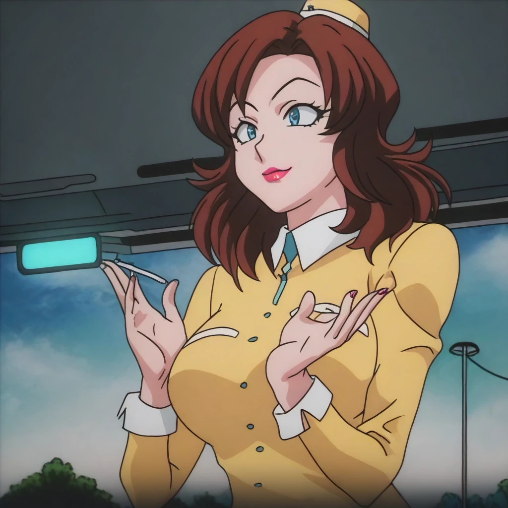 CocoLooHxH, 1girl, solo, voluptuous figure, hat, brown hair, medium hair, bangs, large eyes, blue eyes, full lips, lipstick, bus tour guide uniform, white collar, yellow jacket,  yellow pencil skirt, large breasts, thick thighs, white shoes, high heels,  masterpiece, best quality, fine details, intricate details, depth of field, subsurface scattering, bokeh, ultra-detailed, very aesthetic, detailed background, newest, scenery, highres, absurdres, colorful, vibrant, glowing, perfect face, 2d, perfect eyes, vibrant saturated colors, volumetric lighting, sharp, detailed eyes, perfect anatomy, perfect face, perfect eyes, mature body, clear eyes, beautiful eyes, athletic, curvy body, athletic girl, perky tits, perfect tits, round breasts, pinup pose, teasing, lustful expression, perfect hands, muscular female,