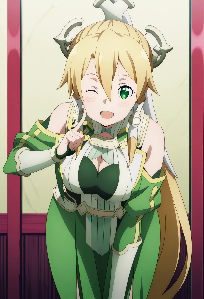 masterpiece, best quality, amazing quality,, <lora:suguha-kirigaya-s3-illustriousxl-lora-nochekaiser:1>, suguha kirigaya, leafa (sao), long hair, blonde hair, hair ornament, green eyes, ponytail, hair tubes, mature female, , anime screencap,, <lora:alyas-finger-to-cheek-illustriousxl-lora-nochekaiser:1>, finger to cheek, solo, looking at viewer, blush, smile, open mouth, standing, one eye closed, hand up, leaning forward, index finger raised,, , ,