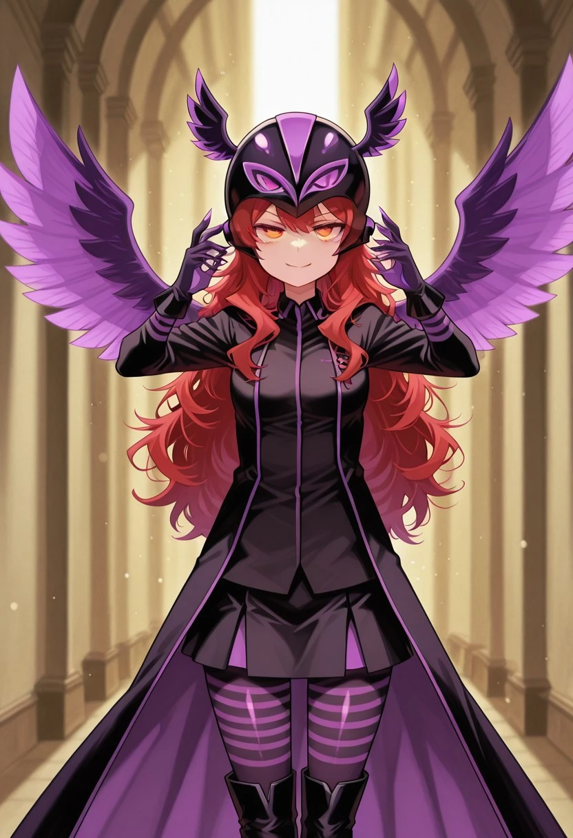 Masterpiece, top quality, amazing quality, Score_9, Score_8_up, Score_7_up, core_6, Score_5_up, Score_4_up, 1 mature female, alone, solo,
scarlet hair, messy hair, long hair, small yellow bat-shaped ornament, small breasts, (orange eyes: 1.2),
black polo shirt, short black skirt, one thinks, black helmet with purple details, purple eyes from the helmet, mask leaves the eyes and face exposed, long sleeves, purple clawed gloves, wings extend behind the dress, purple bird wings, black boots, black tights with shiny purple stripes
<lora:ultrabeam-illustriousxl-lora-nochekaiser:1>, ultrabeam, solo, standing, hands up, cowboy shot, straight-on, looking at viewer, smug smile,
BREAK, photorealistic, beautiful detailed eyes, detailed skin, detailed hair, volumetric lighting, dappled light, light particles, dramatic shadows, cinematic lighting, photo background, depth of field, <lora:IL\KMS_SNS_Saiko_IL:0.7>