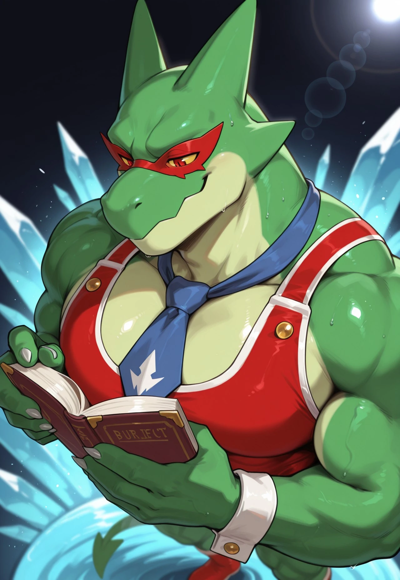 best quality, amazing quality, very aesthetic, 1boy, solo, furry, male, anthro, Mal Leviathan, Red Eyes, Colored Sclera, Yellow Sclera, Muscular, Male, Dragon, Green Body, tail, large pectorals, pectoral cleavage, male focus, anthro, furry male, mature male, Red Wrestling Singlet, Red Boots, Blue Necktie, Red Eye Mask, White Wrist Cufflinks
BREAK close up, face focus, smile, holding, holding book, reading, 1/4 view, close up, face focus, ice in background, blue background
BREAK natural lighting, depth of field, blurry foreground, bloom, backlighting, lens flare, motion blur, very awa, masterpiece, best quality, absurdres, newest, perfect quality, detailed background, intricate details, detailed background, masterpiece, best quality, absurdres, newest, perfect quality, best quality, intricate details, highres, 4k quality, HD, newest, civifur