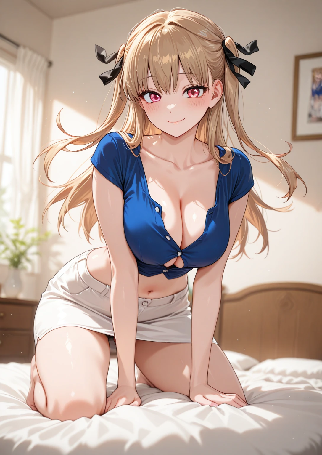 1girl, solo, bedroom, kneeling on bed, both hands on mattress, looking at viewer, smile, closed mouth
BREAK
"<lora:Rabbit:0.8>, RabbitRl, long hair, blonde hair, brown hair, pink eyes, hair ribbon, black ribbon, two side up, blue shirt, cleavage, collarbone, button gap, short sleeves, navel, midriff, white skirt, pencil skirt, miniskirt
<lora:illustriousXLv01_stabilizer_v1.165c:0.5>, <lora:cfg_scale_boost:0.5>, <lora:Hata4564:0.25>, masterpiece, best quality, amazing quality, very aesthetic, absurdres, newest,