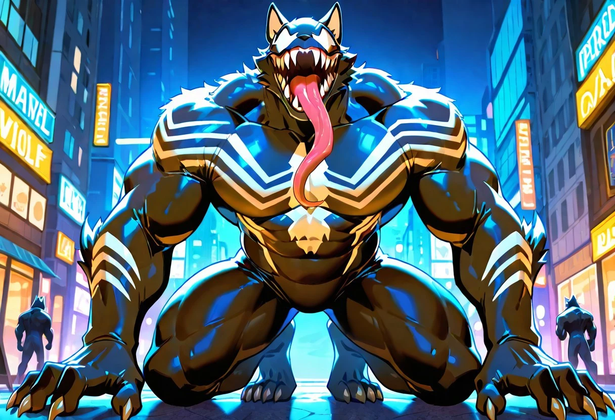 ultimatevenom/(marvel)/, bodysuit, blacksuit, mouth, spiderprint, whiteprint, muscular, 1boy, solo, sharp teeth, monsterboy, long tongue,
ArgoIL, solo, male, anthro, wolf, muscular, bara, claws, paws, venom face,
front view,
4k, best quality, highly detailed, lights details, high resolution, high quality, perfect quality
masterpiece, best quality, amazing quality, very aesthetic, highres, absurdres
night, city,
4k, best quality, highly detailed, lights details, high resolution, high quality, perfect quality, vivid color, vibrant, highly detailed,