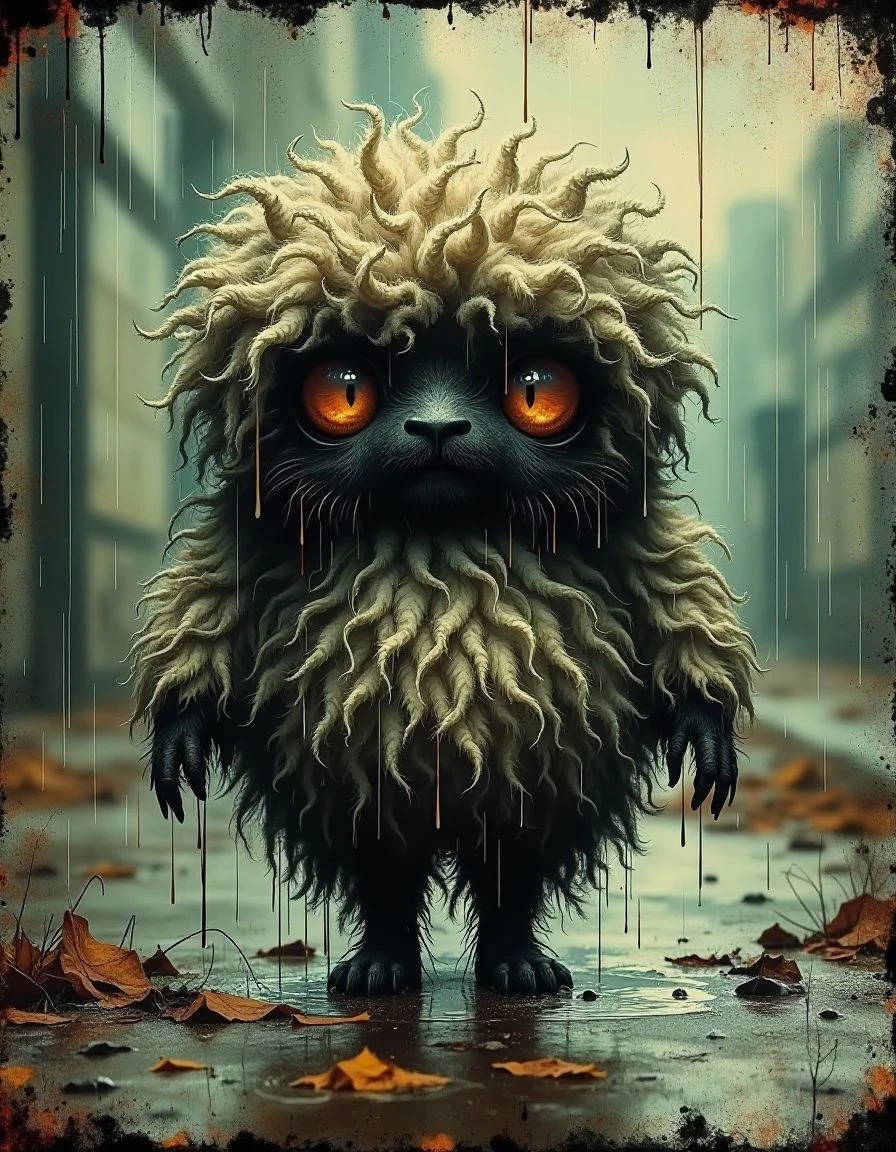 grunge style This image shows a large, sad, bipedal, wooly pom pom with googly eyes walking in the rain. It is a whimsical and slightly melancholic scene.A large bipedal wooly pom pom with googly eyes, walking through the rain , very sad
<lora:Flux_Krea_Blaze_Lora-rank32:1> <lora:grunge:1> . textured, distressed, vintage, edgy, punk rock vibe, dirty, noisy