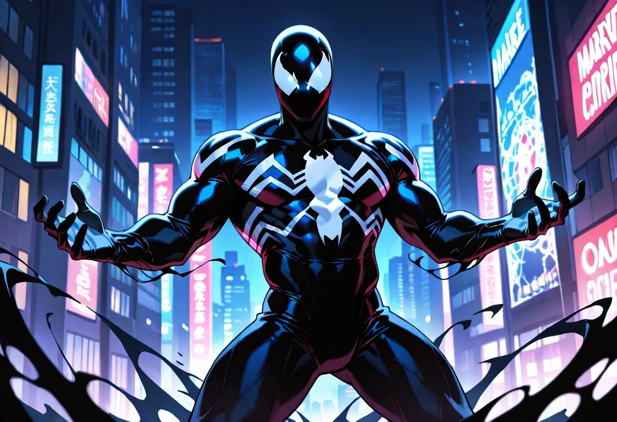 ultimatesymbiote/(marvel)/, symbiote, bodysuit, blacksuit, mask, spiderprint, whiteprint, muscular, 1boy, solo,
front view, superhero pose,
4k, best quality, highly detailed, lights details, high resolution, high quality, perfect quality
masterpiece, best quality, amazing quality, very aesthetic, highres, absurdres
night, city,
4k, best quality, highly detailed, lights details, high resolution, high quality, perfect quality, vivid color, vibrant, highly detailed,