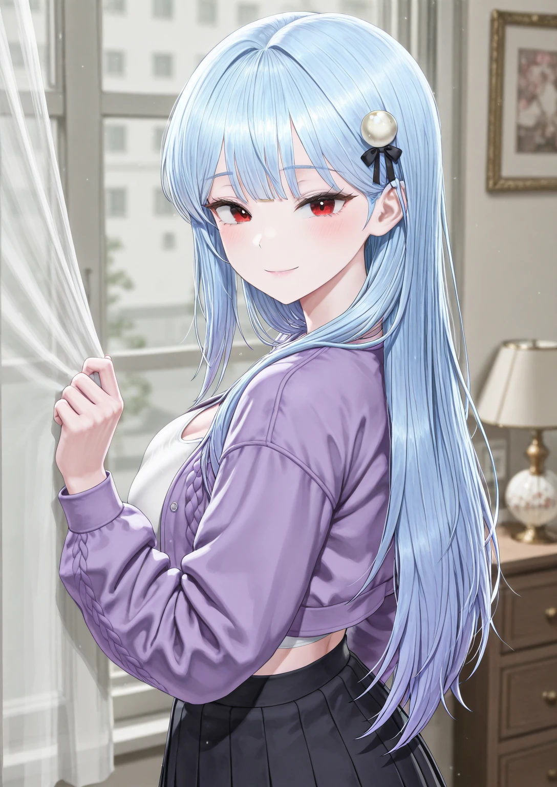 1girl, solo, bedroom, standing near window, hand on curtain, looking back at viewer, smile, closed mouth
BREAK
<lora:Gyeolhee_Min:0.8>, Gyeolhee Min, light blue hair, long hair, straight hair, blunt bangs, hair ornament, red eyes, white crop top, purple jacket, black pleated skirt, white round ornaments,
<lora:illustriousXLv01_stabilizer_v1.165c:0.5>, <lora:cfg_scale_boost:0.5>, <lora:Hata4564:0.25>, masterpiece, best quality, amazing quality, very aesthetic, absurdres, newest,