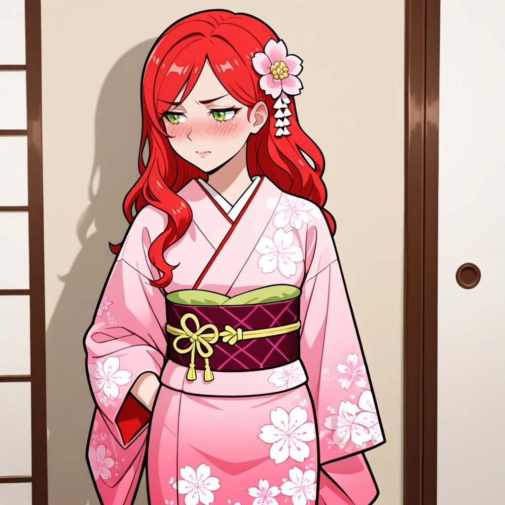 <lora:ColetteLost_illustrious_v1:1> ColetteBevier, 1girl, green eyes, red hair, long hair, cowboy shot,, japanese clothes, kimono, hair ornament, blush, hair flower, pink kimono, sash, obi, floral print, wide sleeves