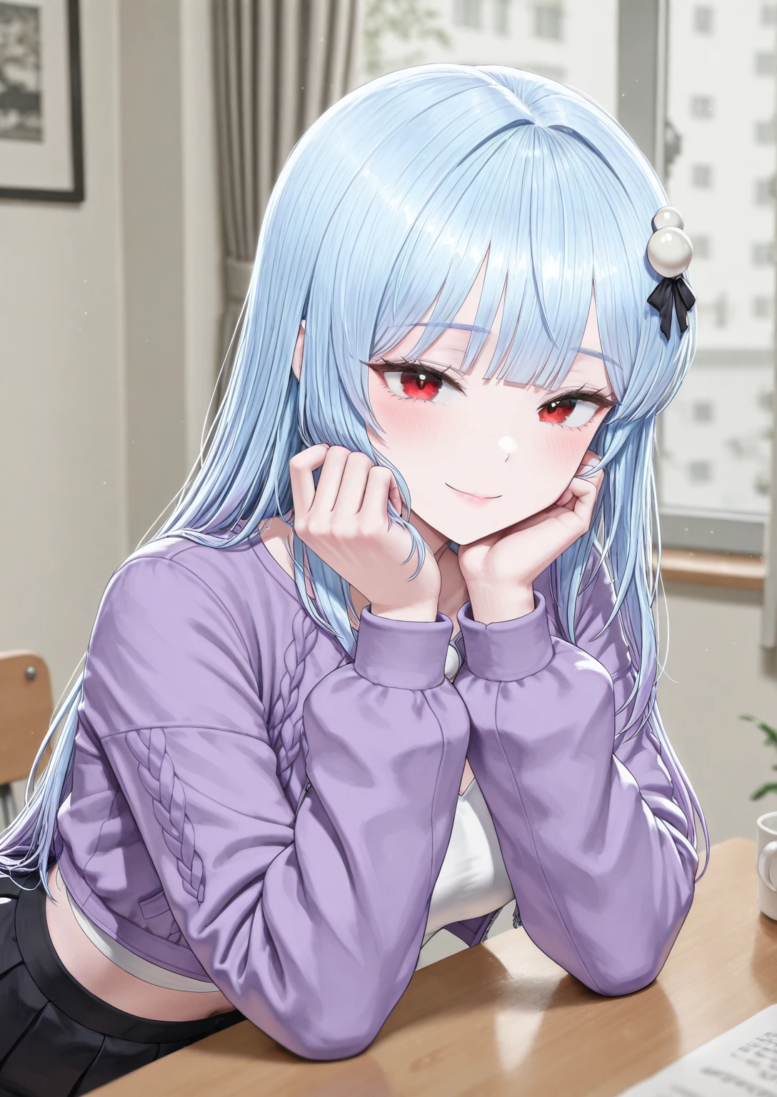 1girl, solo, bedroom, leaning on desk, hand on cheek, looking at viewer, smile, closed mouth
BREAK
<lora:Gyeolhee_Min:0.8>, Gyeolhee Min, light blue hair, long hair, straight hair, blunt bangs, hair ornament, red eyes, white crop top, purple jacket, black pleated skirt, white round ornaments,
<lora:illustriousXLv01_stabilizer_v1.165c:0.5>, <lora:cfg_scale_boost:0.5>, <lora:Hata4564:0.25>, masterpiece, best quality, amazing quality, very aesthetic, absurdres, newest,