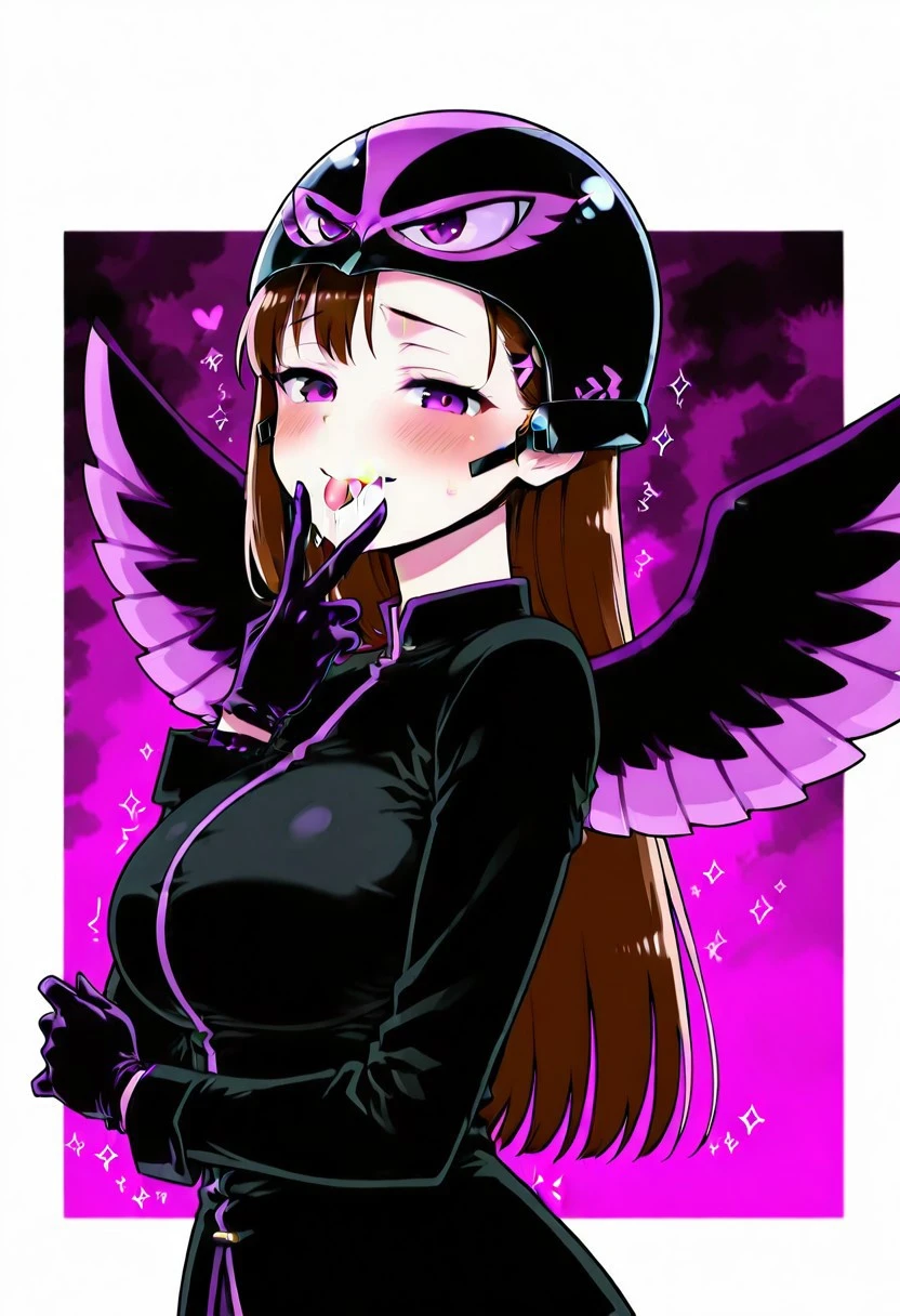Masterpiece, top quality, amazing quality, Score 9, Score 8, Score 7, Score 6, Score 5, Score 4, 2 mature female, alone, original, alone, solo
 <lora:HitomiHino-MurenaseSetonGakuen-illustrious-illustriousxl-lora-Anonimo049J:1.5>, Hitomi Hino, long hair, brown hair, hair ornament, large breasts (purple eyes: 1.2),
black polo shirt, short black skirt, one thinks, black helmet with purple details, purple eyes from the helmet, mask leaves the eyes and face exposed, long sleeves, purple clawed gloves, wings extend behind the dress, purple bird wings, black boots, black tights with shiny purple stripes
cunnilingus gesture, v over mouth, tongue out, tongue, v, saliva, blush, from side, looking at viewer, torogao, half-closed eyes, upper body, lip_biting, , , ,