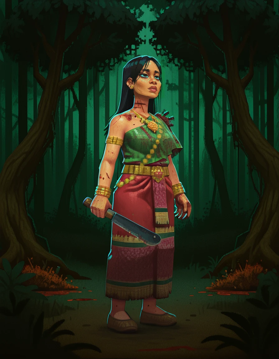 1girl, solo, asian, jewelry, nature, black hair, bracelet, blood, long hair, weapon, necklace, knife, armlet, tree, holding, holding weapon, lips, blood, bloody neck, deep wound neck, gore, deep cut neck, machete, krasue<lora:The_Krasue_-_Burong_Sukapat_Dead_by_DaylightIIIustrious:1> horror, <lora:LowPoly_3D_Style_IIIustrious:1.2> 3d lowpoly style, full body