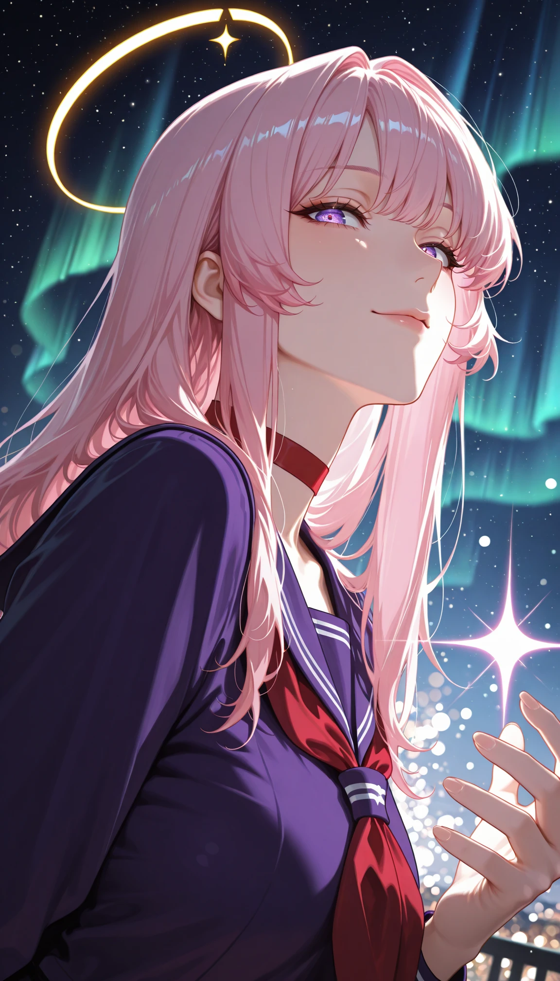 masterpiece, best quality, amazing quality, 4k, very aesthetic, high resolution, ultra-detailed, absurdres, newest, scenery, mature face, sharp face, long face, 1girl, solo, cute, pink hair, long hair, choppy bangs, long sidelocks, nebulae cosmic purple eyes, rimlit eyes, facing to the side, looking at viewer, downturned eyes, light smile, red annular solar eclipse halo, red choker, detailed purple serafuku, big red neckerchief, glowing stars in hand, fingers, arched back, from side, from below, dutch angle, portrait, upper body, head tilt, colorful, rim light, backlit, (colorful light particles:1.2), cosmic sky, aurora, chaos, perfect night, fantasy background, BREAK, detailed background, blurry foreground, bokeh, depth of field, volumetric lighting
