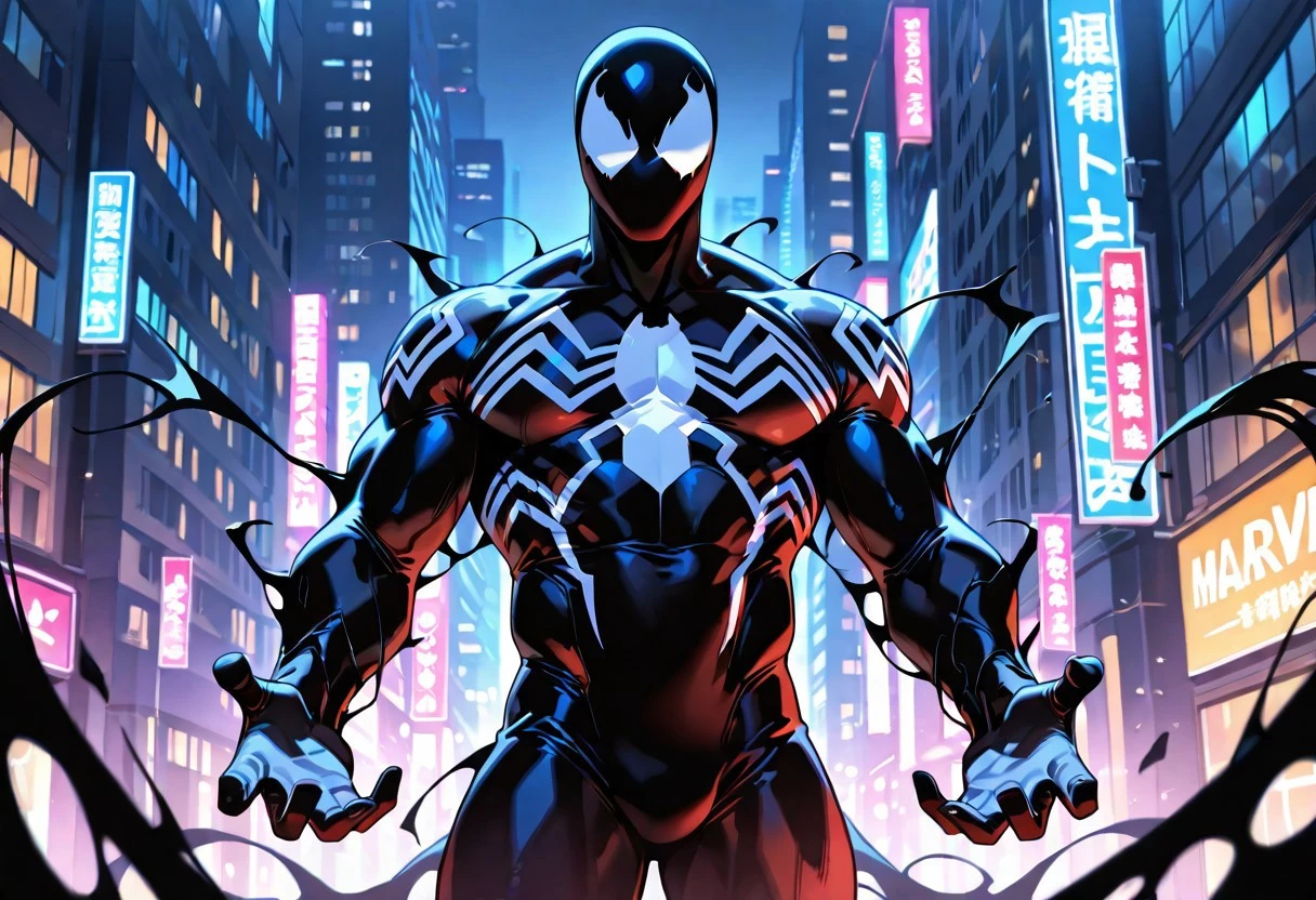 ultimatesymbiote/(marvel)/, symbiote, bodysuit, blacksuit, mask, spiderprint, whiteprint, muscular, 1boy, solo,
front view,
4k, best quality, highly detailed, lights details, high resolution, high quality, perfect quality
masterpiece, best quality, amazing quality, very aesthetic, highres, absurdres
night, city,
4k, best quality, highly detailed, lights details, high resolution, high quality, perfect quality, vivid color, vibrant, highly detailed,