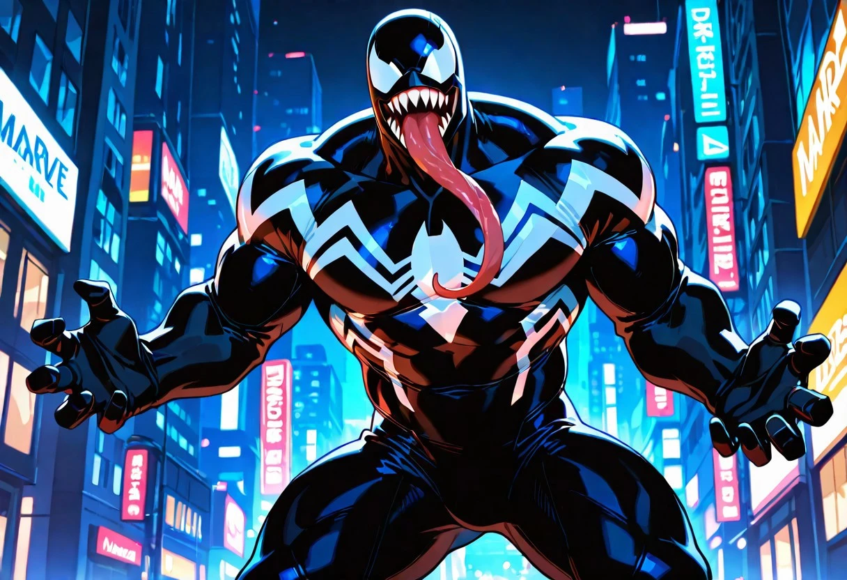 ultimatevenom/(marvel)/, , blacksuit, mouth, spiderprint, whiteprint, muscular, 1boy, solo, sharp teeth, monsterboy, long tongue,
front view, superhero pose,
4k, best quality, highly detailed, lights details, high resolution, high quality, perfect quality
masterpiece, best quality, amazing quality, very aesthetic, highres, absurdres
night, city, 
4k, best quality, highly detailed, lights details, high resolution, high quality, perfect quality, vivid color, vibrant, highly detailed,