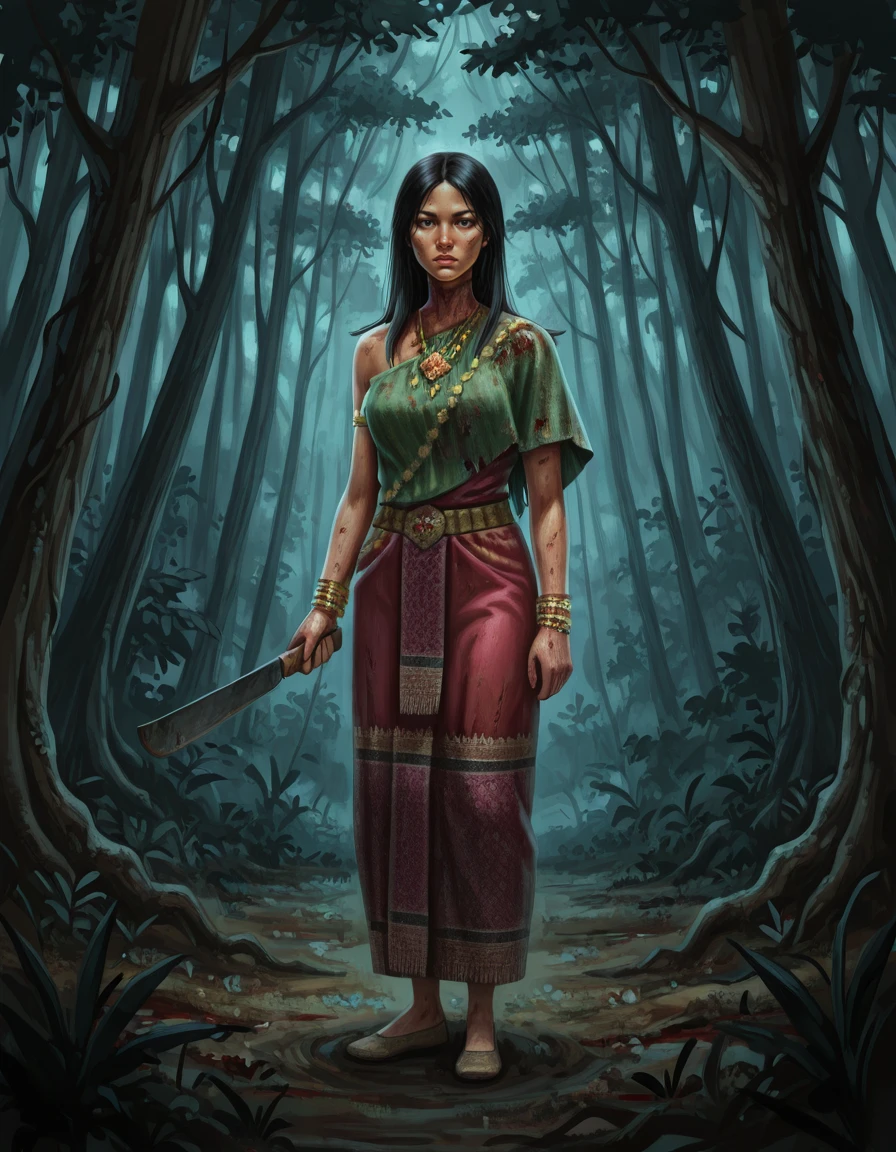 1girl, knife, solo, jewelry, black hair, holding knife, bracelet, forest, tree, nature, long hair, weapon, armlet, holding, necklace, sandals, bloody neck, wound neck, machete, standing, looking at viewer, dress, krasue<lora:The_Krasue_-_Burong_Sukapat_Dead_by_DaylightIIIustrious:1>