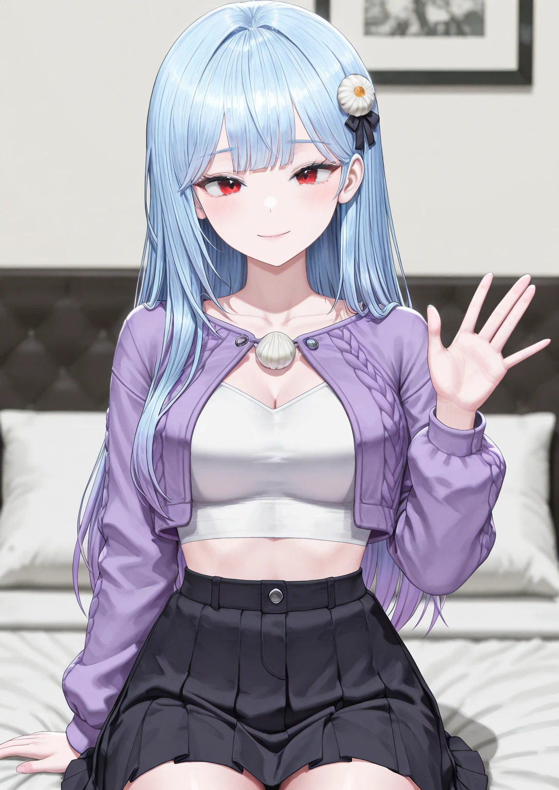 1girl, solo, bedroom, sitting on bed, waving hand, looking at viewer, smile, closed mouth
BREAK
<lora:Gyeolhee_Min:0.8>, Gyeolhee Min, light blue hair, long hair, straight hair, blunt bangs, hair ornament, red eyes, white crop top, purple jacket, black pleated skirt, white round ornaments,
<lora:illustriousXLv01_stabilizer_v1.165c:0.5>, <lora:cfg_scale_boost:0.5>, <lora:Hata4564:0.25>, masterpiece, best quality, amazing quality, very aesthetic, absurdres, newest,