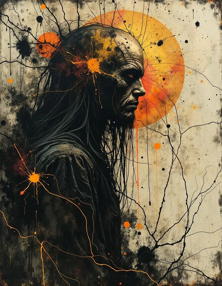 grunge style In a minimalist horror abstract style Abstractional fantasy dejection pareidolia portrait of splatter, stipple brush style, textured stippling flowing barbed paint with contracting dot pattern splatter, roughly Symmetrical in a Rorschach way, rough textured abstract and strange but familiar , by Katsushika Hokusai , sunset horizon , explosive swirling by Hockney
<lora:Flux_Krea_Blaze_Lora-rank32:1> <lora:grunge:1> . textured, distressed, vintage, edgy, punk rock vibe, dirty, noisy