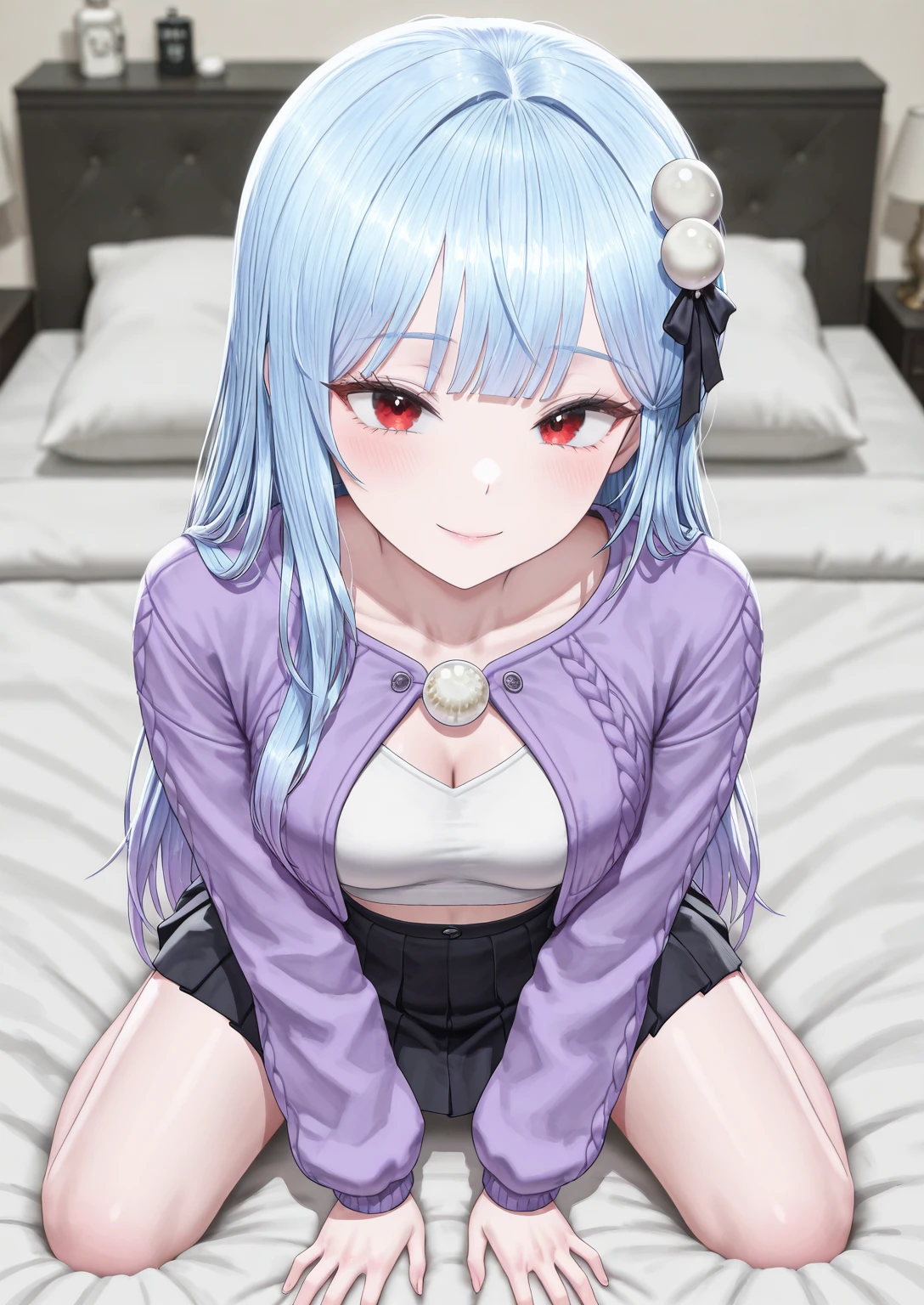1girl, solo, bedroom, kneeling on bed, both hands on mattress, looking at viewer, smile, closed mouth
BREAK
<lora:Gyeolhee_Min:0.8>, Gyeolhee Min, light blue hair, long hair, straight hair, blunt bangs, hair ornament, red eyes, white crop top, purple jacket, black pleated skirt, white round ornaments,
<lora:illustriousXLv01_stabilizer_v1.165c:0.5>, <lora:cfg_scale_boost:0.5>, <lora:Hata4564:0.25>, masterpiece, best quality, amazing quality, very aesthetic, absurdres, newest,