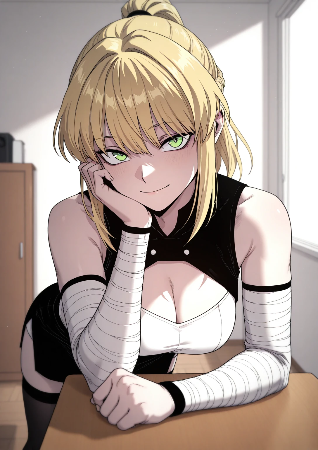1girl, solo, bedroom, leaning on desk, hand on cheek, looking at viewer, smile, closed mouth
BREAK
<lora:Candentia:0.8>, Candentia, blonde hair, ponytail, green eyes, sleeveless black top, fitted white outfit, white bandages, black skirt, black stockings, 
<lora:illustriousXLv01_stabilizer_v1.165c:0.5>, <lora:cfg_scale_boost:0.5>, <lora:Hata4564:0.25>, masterpiece, best quality, amazing quality, very aesthetic, absurdres, newest,