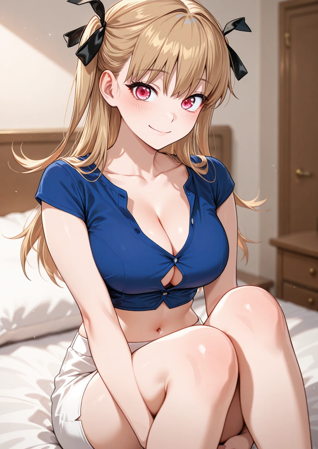 1girl, solo, bedroom, sitting on bed, knees up, arms wrapped around legs, looking at viewer, smile, closed mouth
BREAK
"<lora:Rabbit:0.8>, RabbitRl, long hair, blonde hair, brown hair, pink eyes, hair ribbon, black ribbon, two side up, blue shirt, cleavage, collarbone, button gap, short sleeves, navel, midriff, white skirt, pencil skirt, miniskirt
<lora:illustriousXLv01_stabilizer_v1.165c:0.5>, <lora:cfg_scale_boost:0.5>, <lora:Hata4564:0.25>, masterpiece, best quality, amazing quality, very aesthetic, absurdres, newest,
