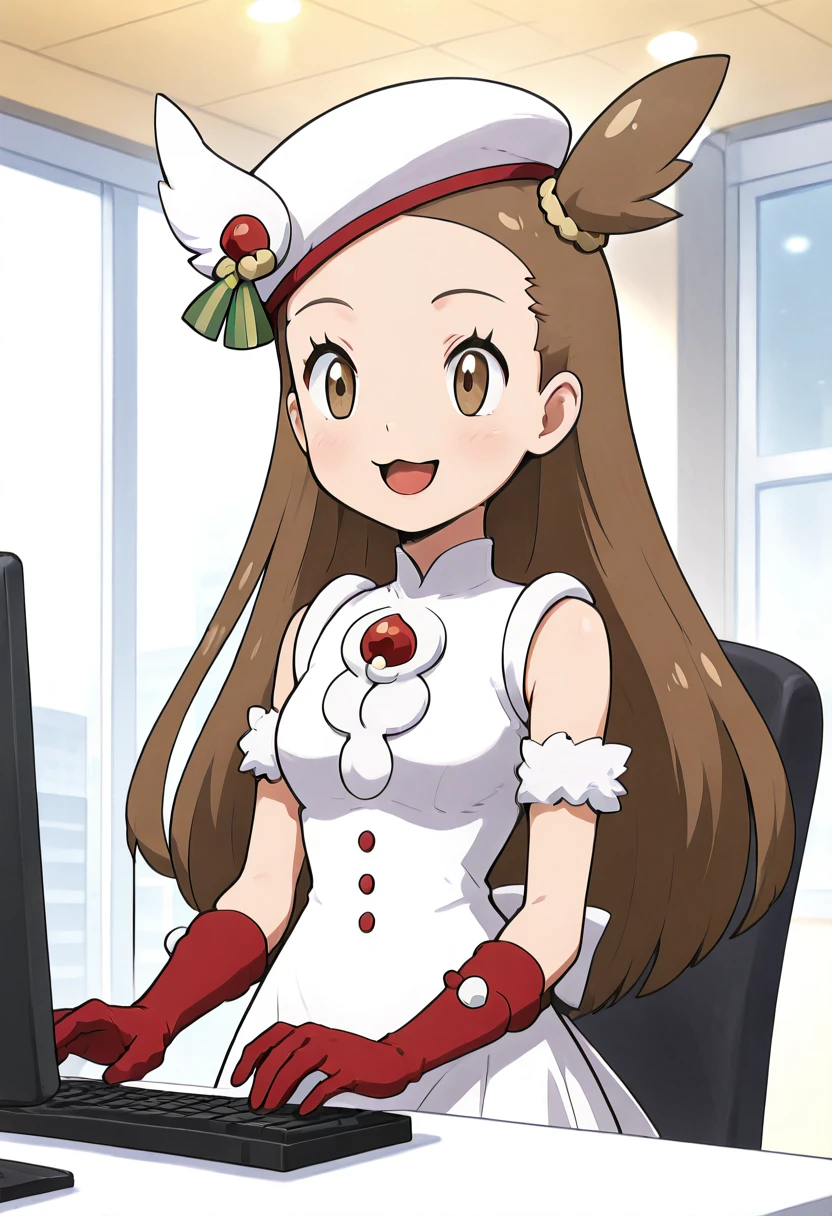 masterpiece, best quality, solo, curvy, beautiful eyes, narrow waist, wide hips, 1girl, solo, smile, looking at viewer,  zzJasmine, brown eyes, brown hair, long hair, one side up,  sleeveless dress, white dress, white headwear, red gloves,  <lora:JasmineHoliday2022Pokemon_IXL_dataset:1.0>,  ,smile, open mouth,  upper body, :3, window, chair, facing viewer, desk, computer, monitor, on chair, keyboard (computer), office , <lora:CitronLegacy_IXL:1.0>,