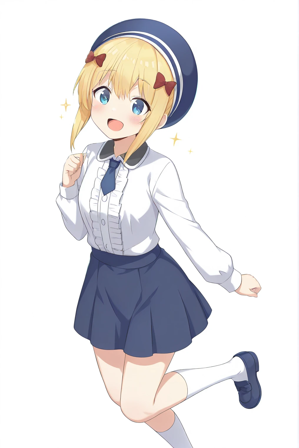 KonosubaFantasticDays-Liver020, masterpiece, best quality, amazing quality, rays light, particles of light, dynamic pose, very aesthetic, various angles, front shot cinematic angle, cinematic lighting, high contrast, (simple background, white background:1.1), by , Sylphina-Liver020, 1girl, solo, blonde hair, short hair, sidelocks, hair between eyes, blue eyes, white shirt, dress shirt, collared shirt, frilled shirt, long sleeves, blue skirt, hair bow, red bow, short necktie, blue necktie, frills, hat, ornaments, beret, blue headwear, blue loafers, loafers, white socks, kneehighs, blue footwear, smile, open mouth