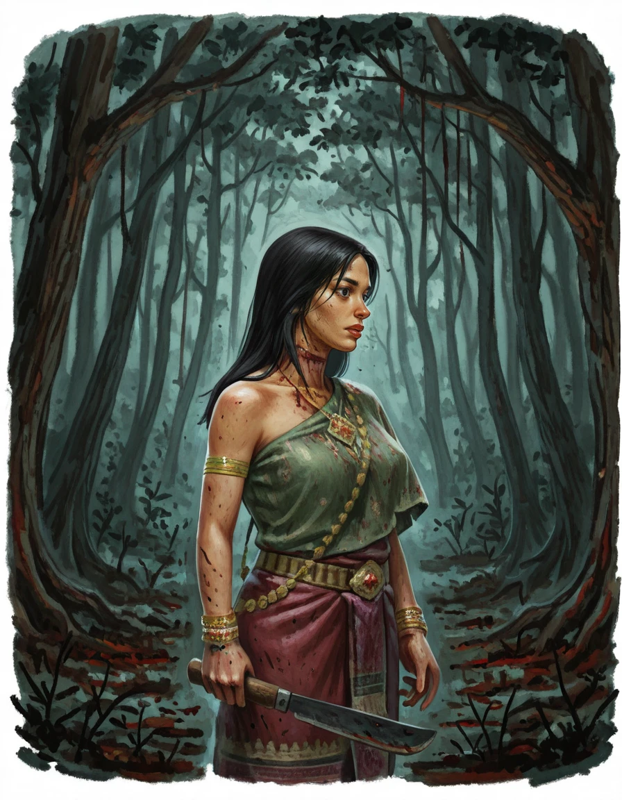 1girl, solo, asian, jewelry, nature, black hair, bracelet, blood, long hair, weapon, necklace, knife, armlet, tree, holding, holding weapon, lips, blood, bloody neck, deep wound neck, gore, deep cut neck, machete, krasue<lora:The_Krasue_-_Burong_Sukapat_Dead_by_DaylightIIIustrious:1> horror, <lora:cute_watercolour_painting:0.8> cute watercolour painting